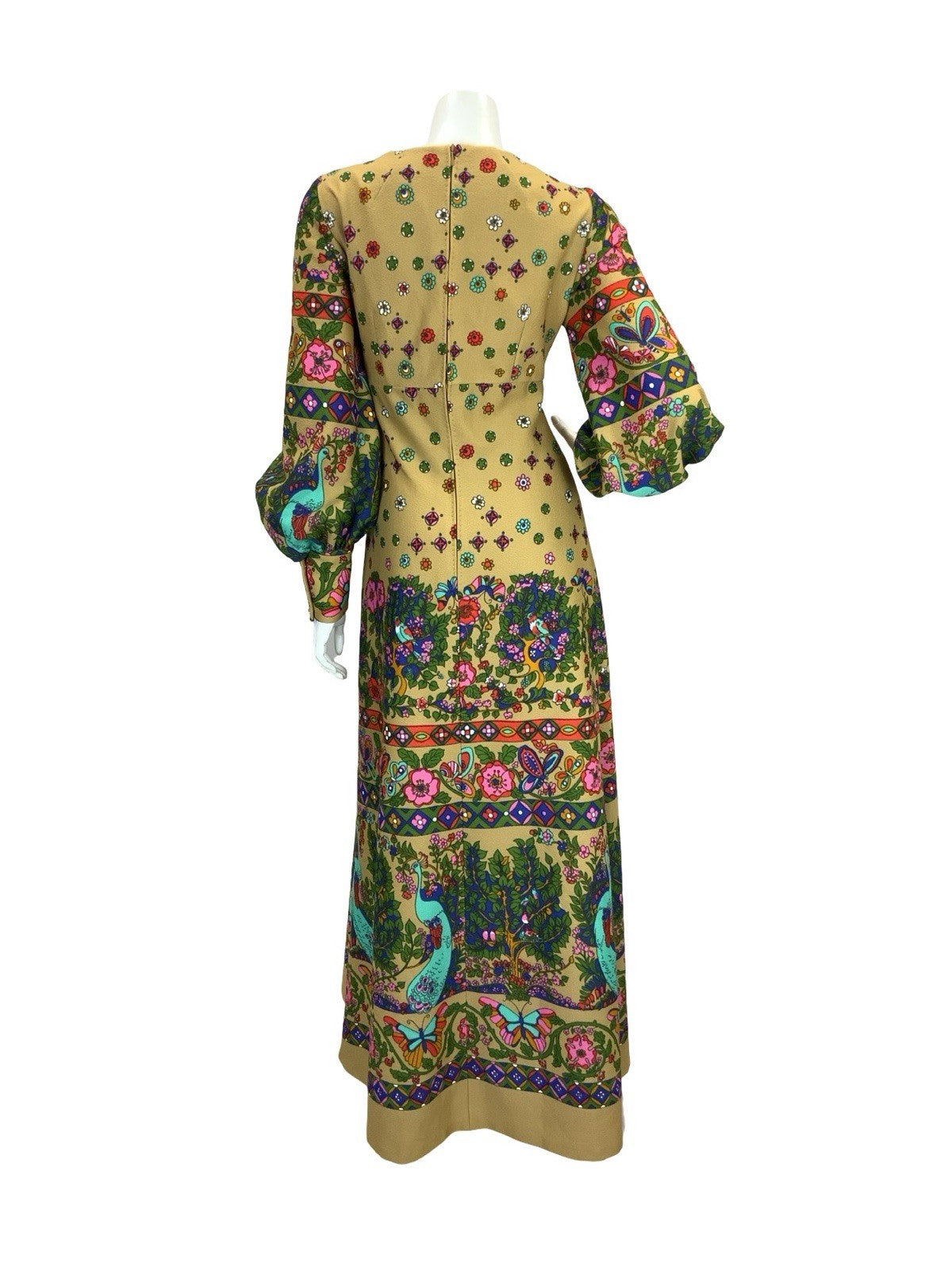 VTG 60S 70S PSYCHEDELIC PAISLEY PEACOCK BOHO MAXI DRESS TAN GREEN RED BLUE 8 10