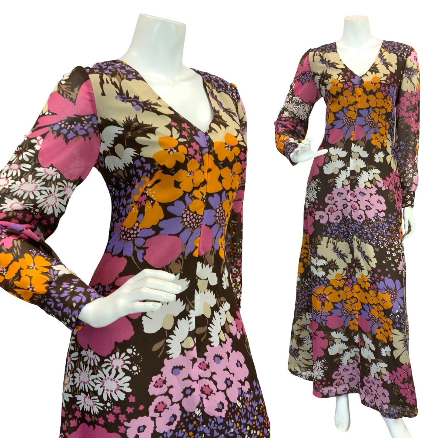 VTG 70S FLORAL PSYCHEDELIC MAXI DRESS BROWN PINK PURPLE ORANGE 10 12