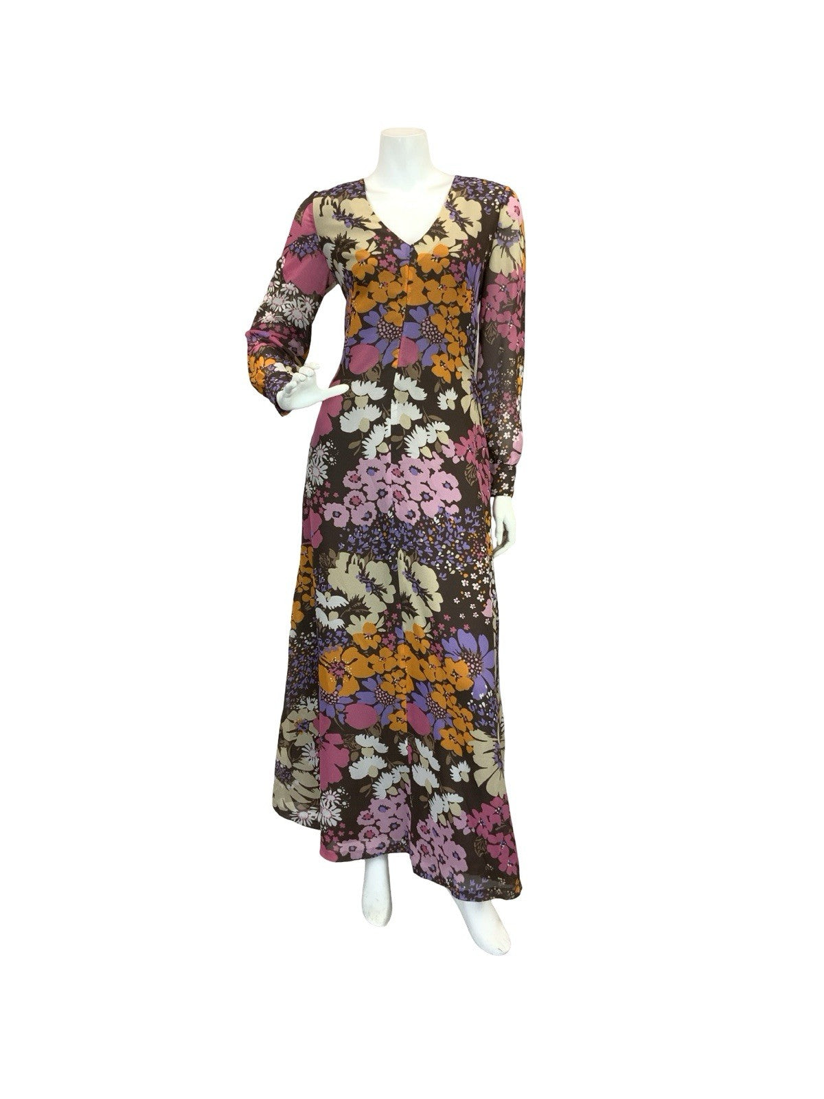 VTG 70S FLORAL PSYCHEDELIC MAXI DRESS BROWN PINK PURPLE ORANGE 10 12