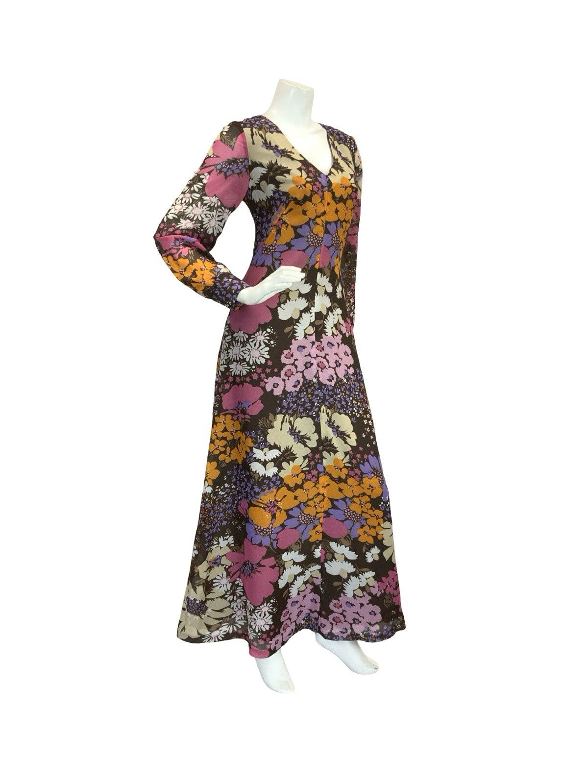 VTG 70S FLORAL PSYCHEDELIC MAXI DRESS BROWN PINK PURPLE ORANGE 10 12
