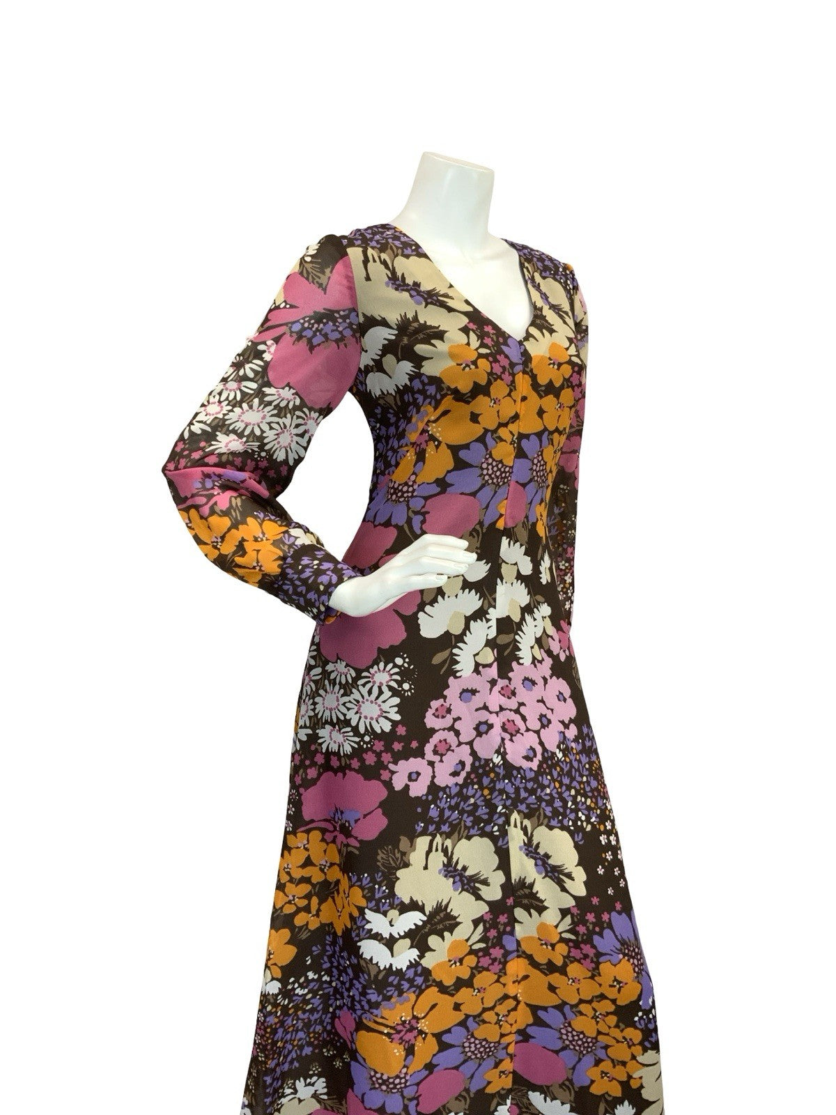 VTG 70S FLORAL PSYCHEDELIC MAXI DRESS BROWN PINK PURPLE ORANGE 10 12