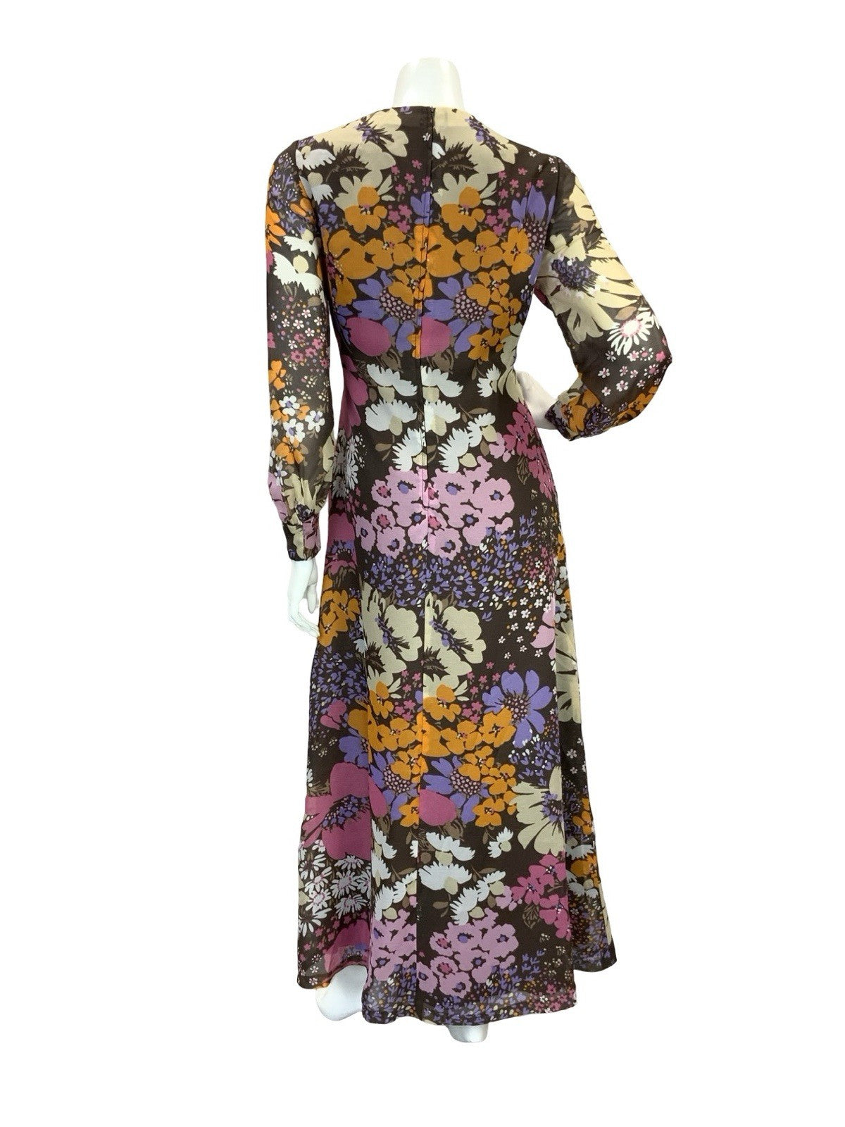 VTG 70S FLORAL PSYCHEDELIC MAXI DRESS BROWN PINK PURPLE ORANGE 10 12