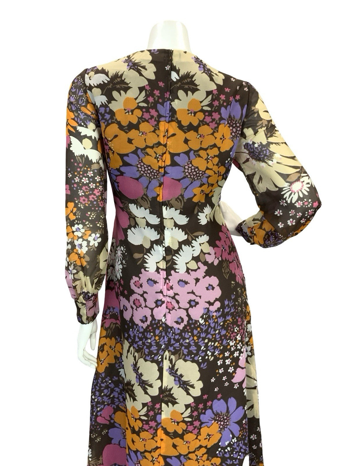 VTG 70S FLORAL PSYCHEDELIC MAXI DRESS BROWN PINK PURPLE ORANGE 10 12