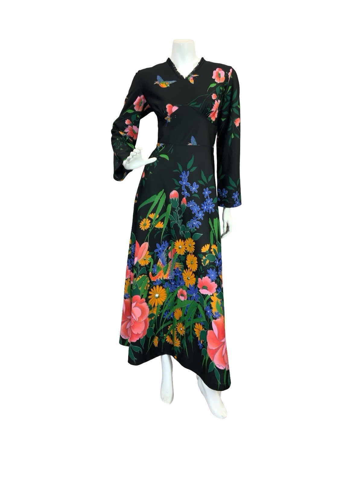 VTG 70S GARDEN FLORAL MAXI DRESS BLACK YELLOW BLUE PINK GREEN