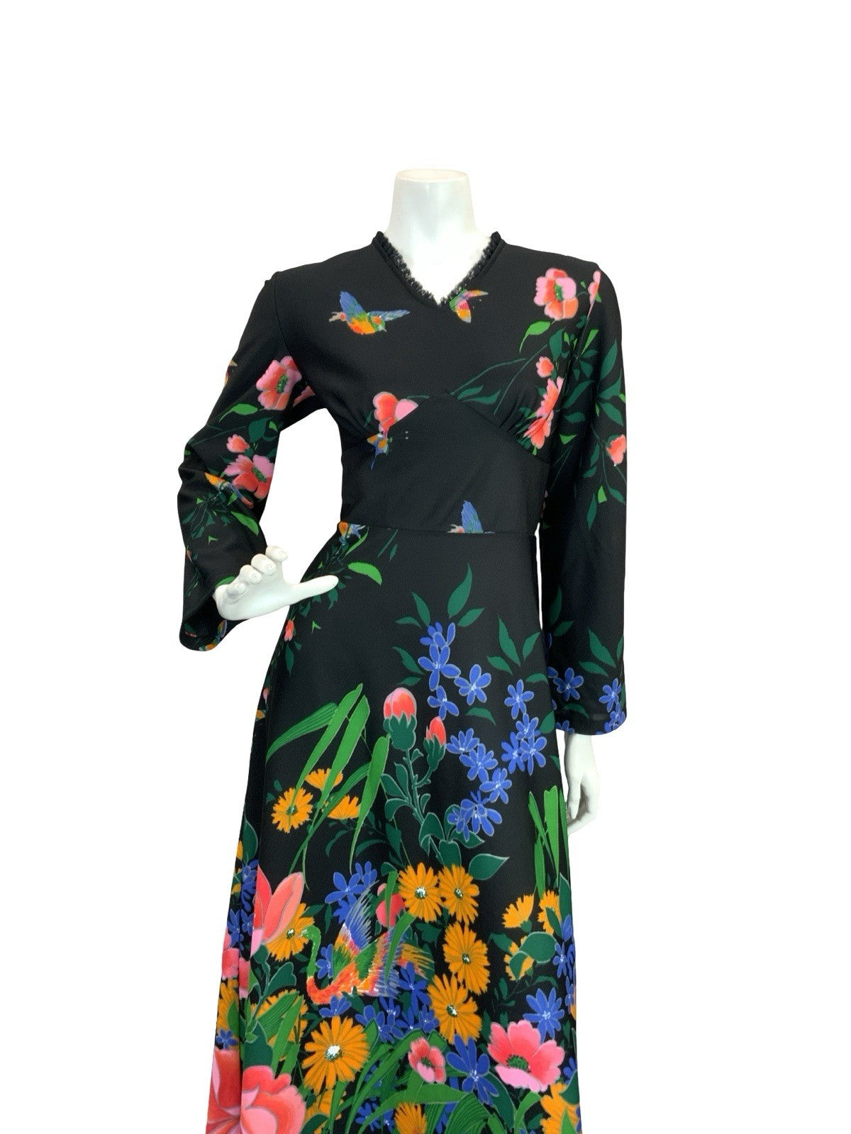 VTG 70S GARDEN FLORAL MAXI DRESS BLACK YELLOW BLUE PINK GREEN