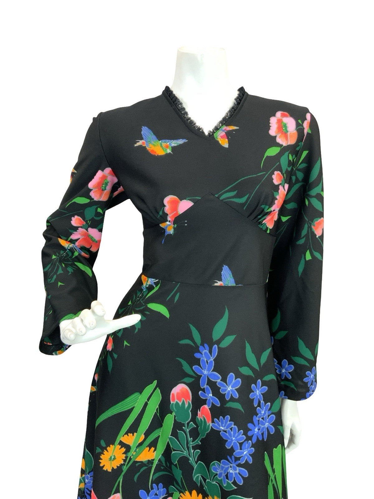 VTG 70S GARDEN FLORAL MAXI DRESS BLACK YELLOW BLUE PINK GREEN