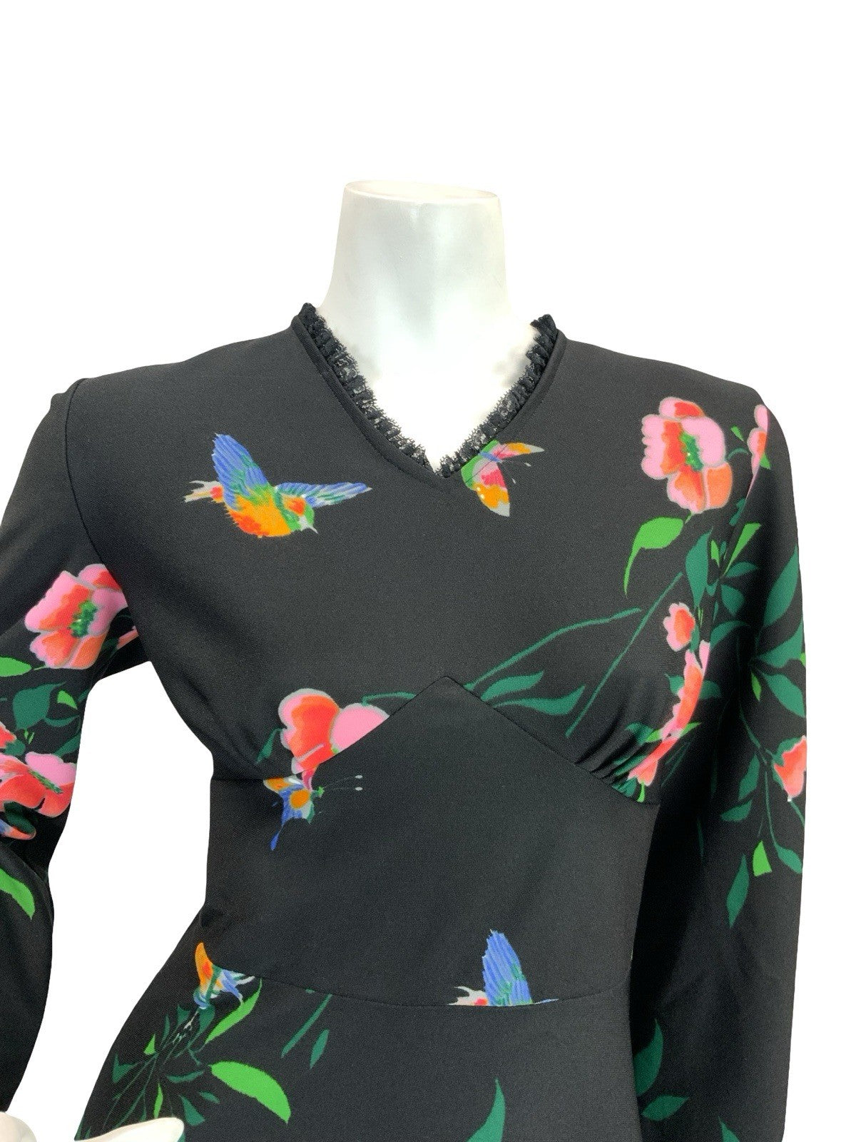 VTG 70S GARDEN FLORAL MAXI DRESS BLACK YELLOW BLUE PINK GREEN