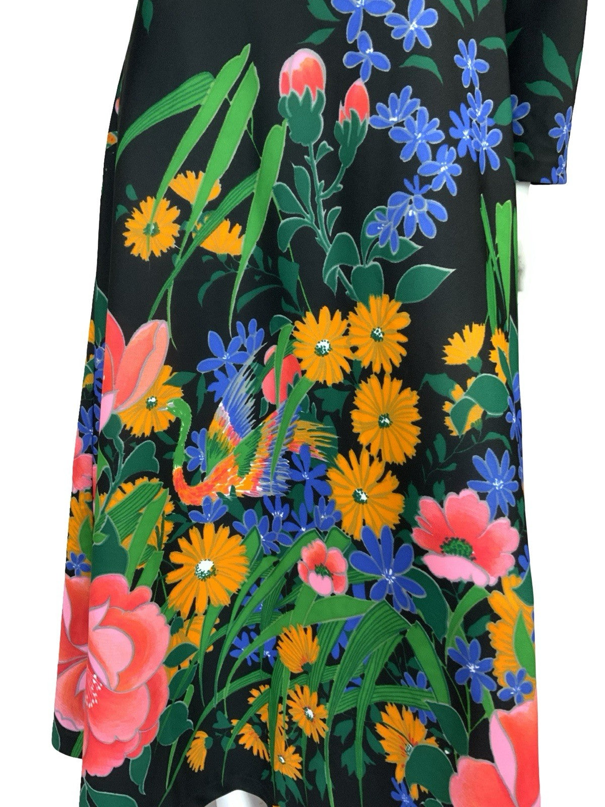 VTG 70S GARDEN FLORAL MAXI DRESS BLACK YELLOW BLUE PINK GREEN