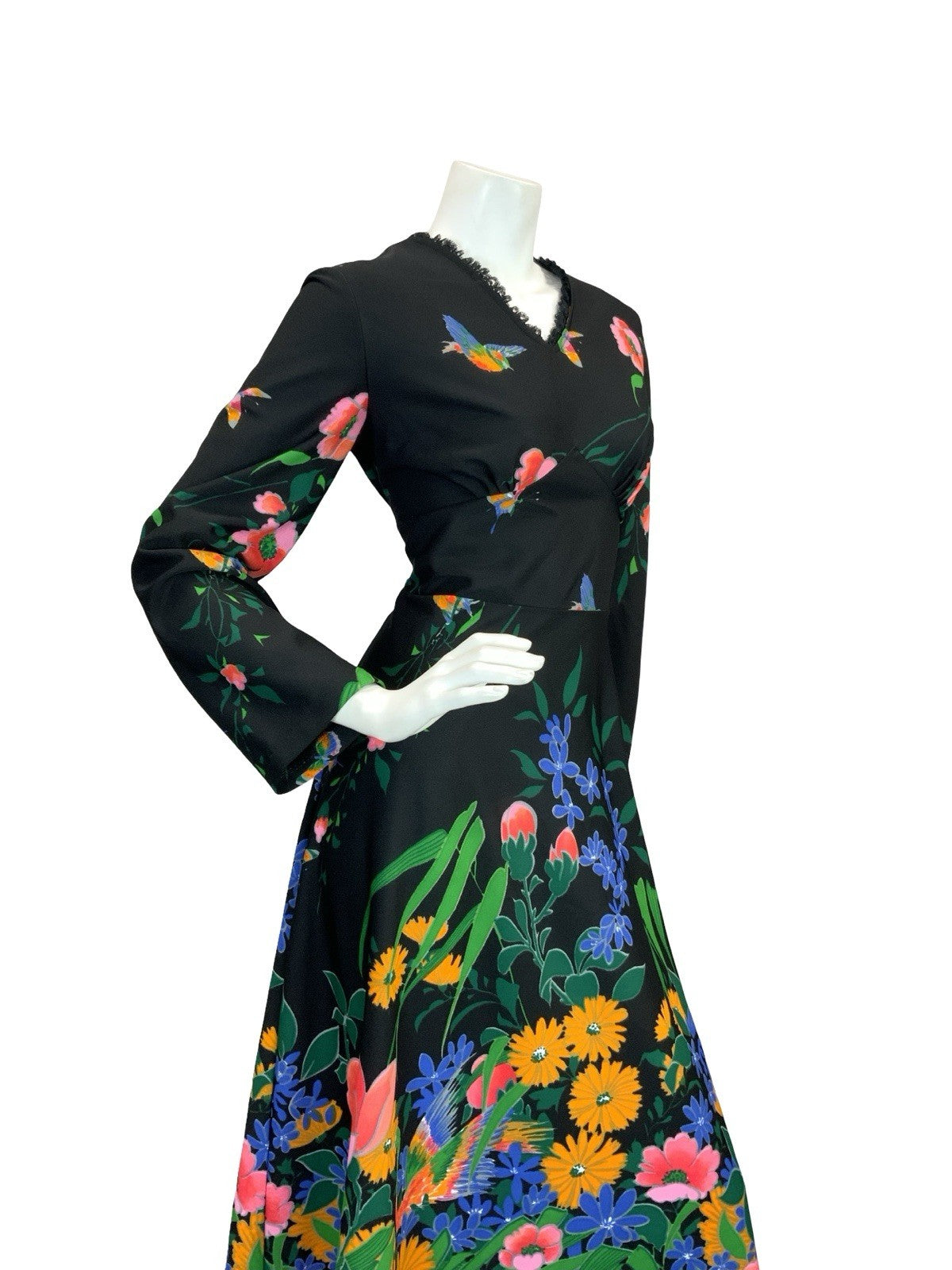 VTG 70S GARDEN FLORAL MAXI DRESS BLACK YELLOW BLUE PINK GREEN