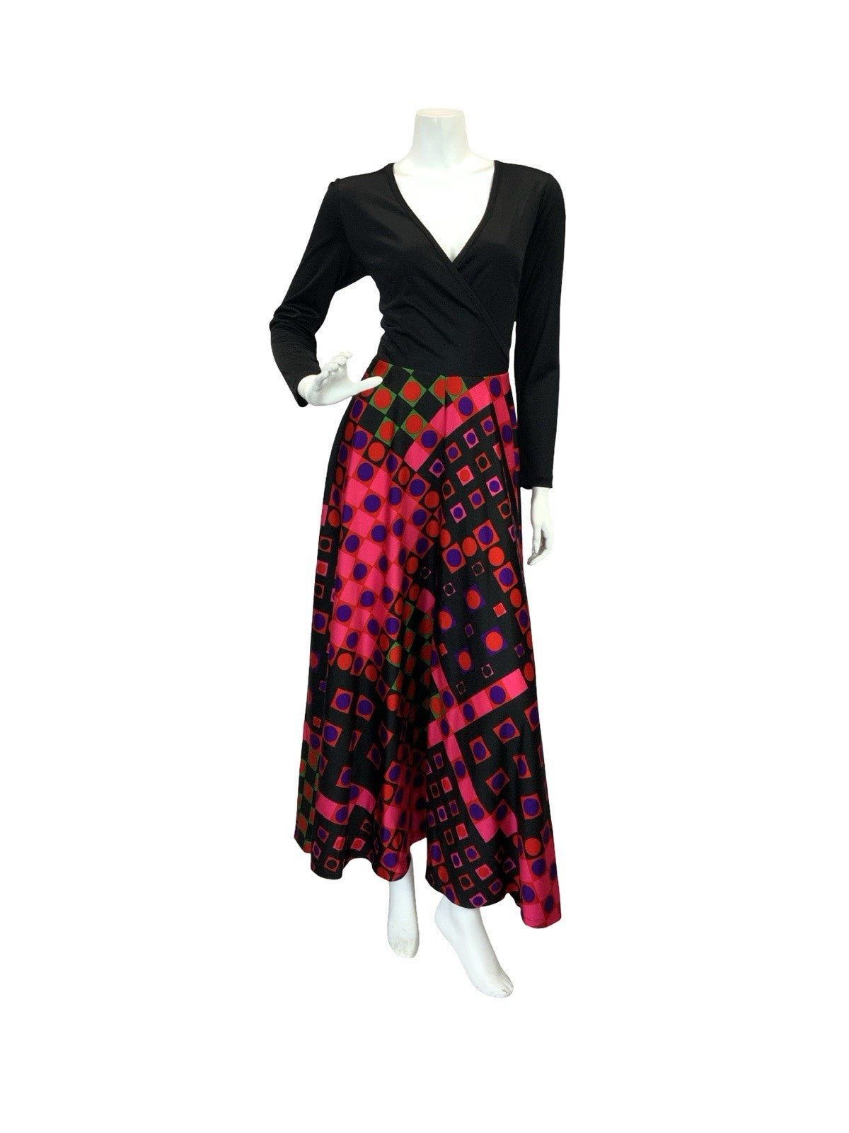 VTG 70S WRAP FRONT GEOMETRIC DISCO MAXI DRESS BLACK PINK GREEN RED PURPLE 8 10
