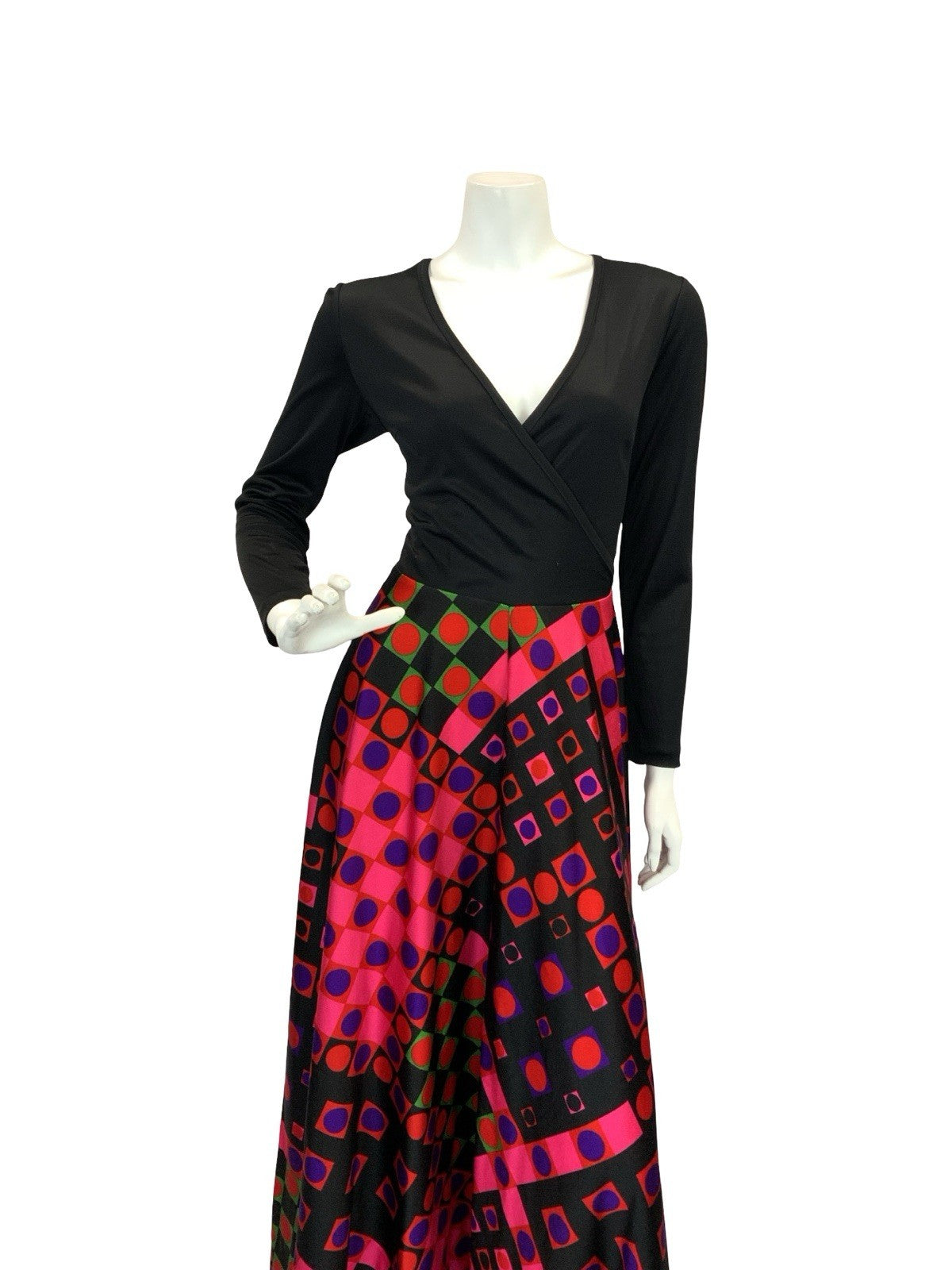 VTG 70S WRAP FRONT GEOMETRIC DISCO MAXI DRESS BLACK PINK GREEN RED PURPLE 8 10