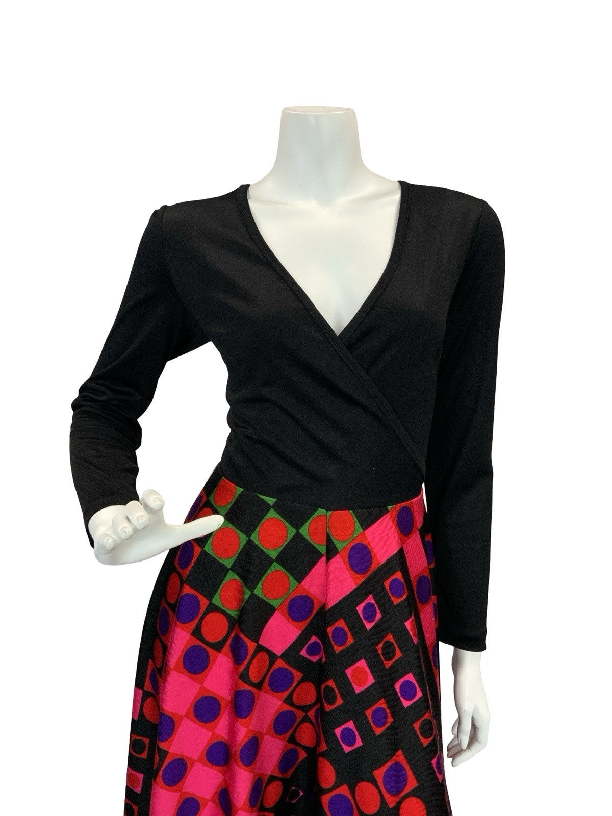 VTG 70S WRAP FRONT GEOMETRIC DISCO MAXI DRESS BLACK PINK GREEN RED PURPLE 8 10