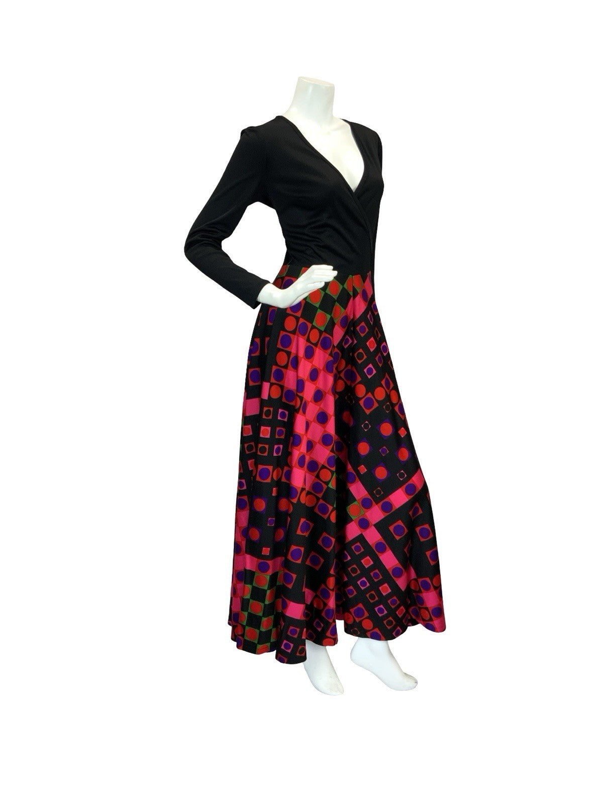 VTG 70S WRAP FRONT GEOMETRIC DISCO MAXI DRESS BLACK PINK GREEN RED PURPLE 8 10