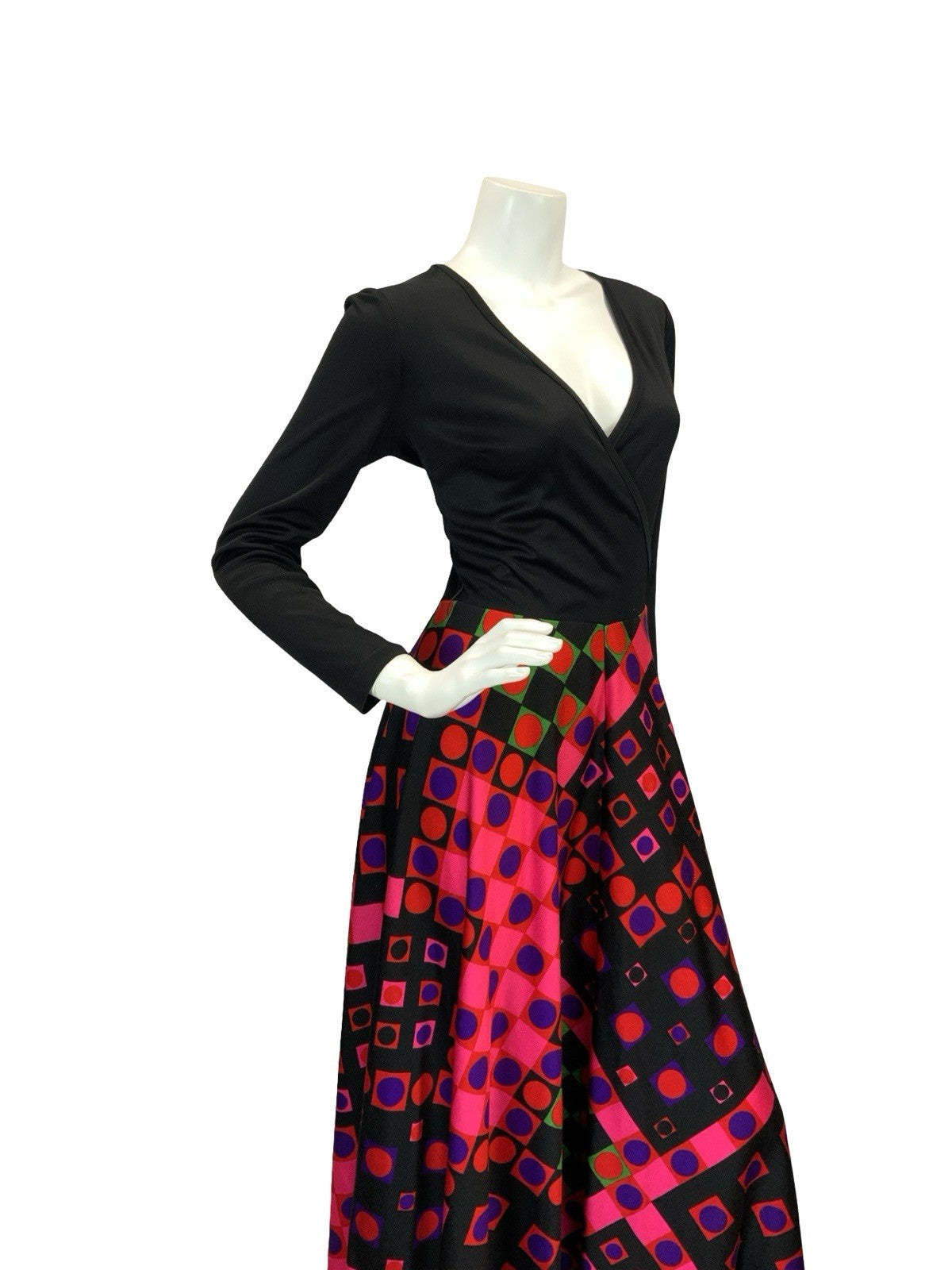 VTG 70S WRAP FRONT GEOMETRIC DISCO MAXI DRESS BLACK PINK GREEN RED PURPLE 8 10