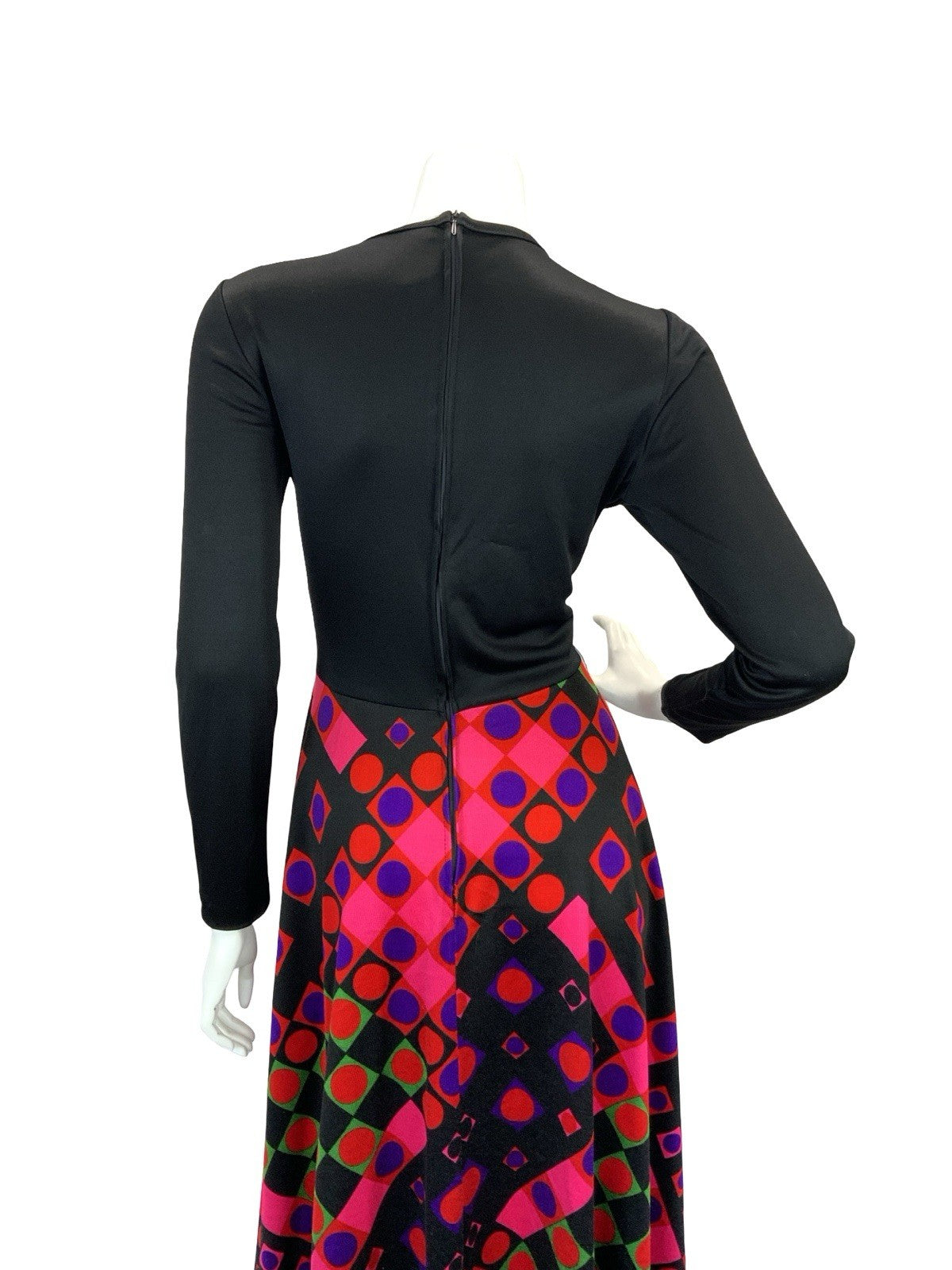 VTG 70S WRAP FRONT GEOMETRIC DISCO MAXI DRESS BLACK PINK GREEN RED PURPLE 8 10