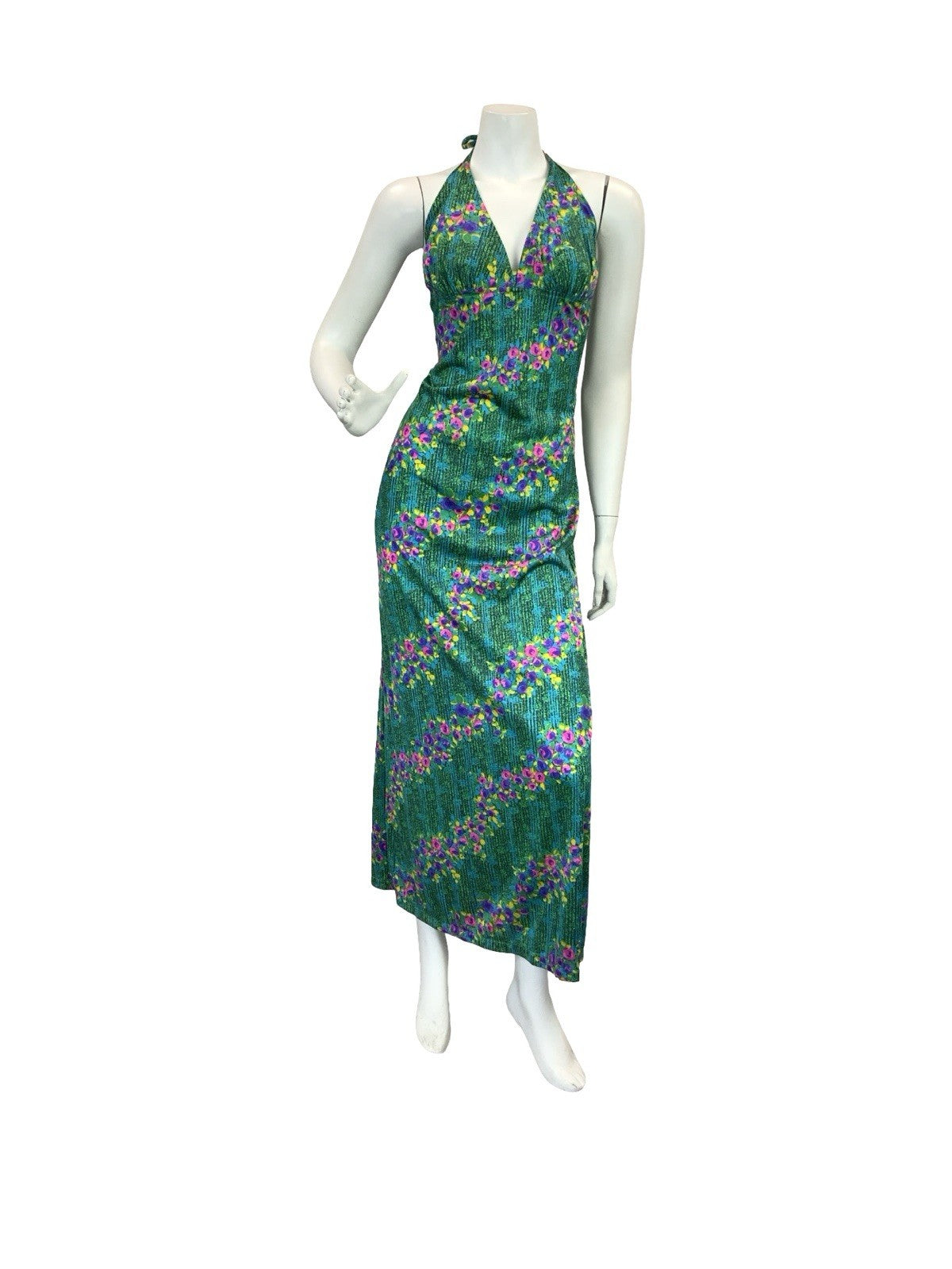 VTG 70S DISCO SUN HALTER FLORAL MAXI DRESS 10 12 14 GREEN BLUE PINK PURPLE