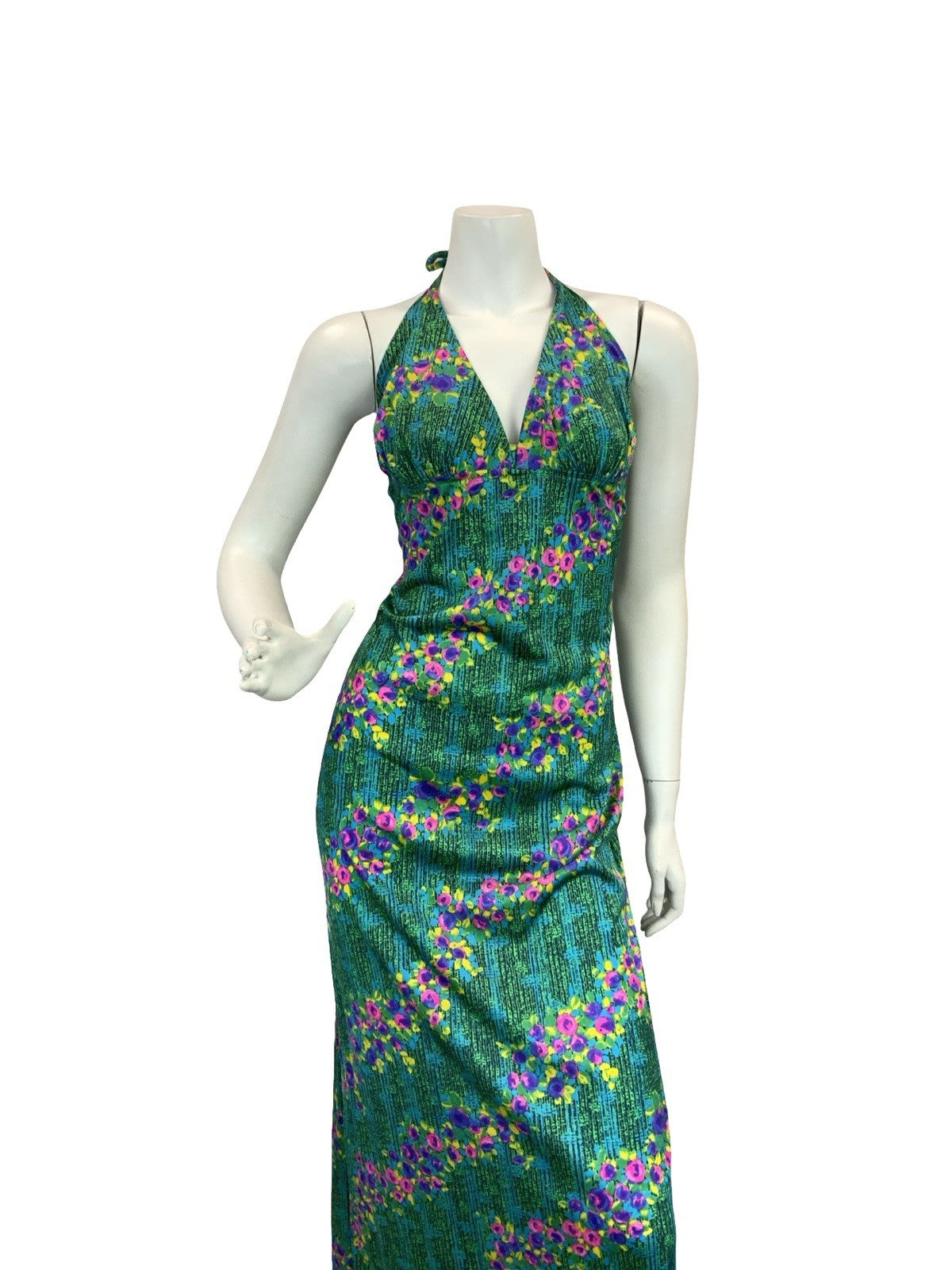 VTG 70S DISCO SUN HALTER FLORAL MAXI DRESS 10 12 14 GREEN BLUE PINK PURPLE