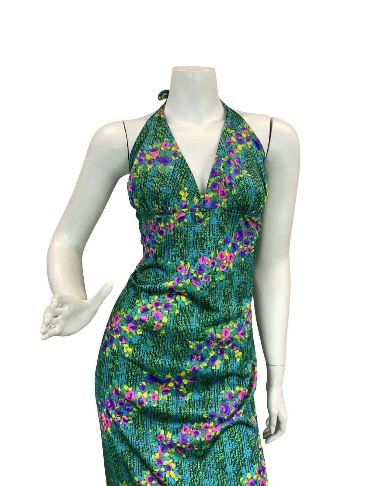 VTG 70S DISCO SUN HALTER FLORAL MAXI DRESS 10 12 14 GREEN BLUE PINK PURPLE
