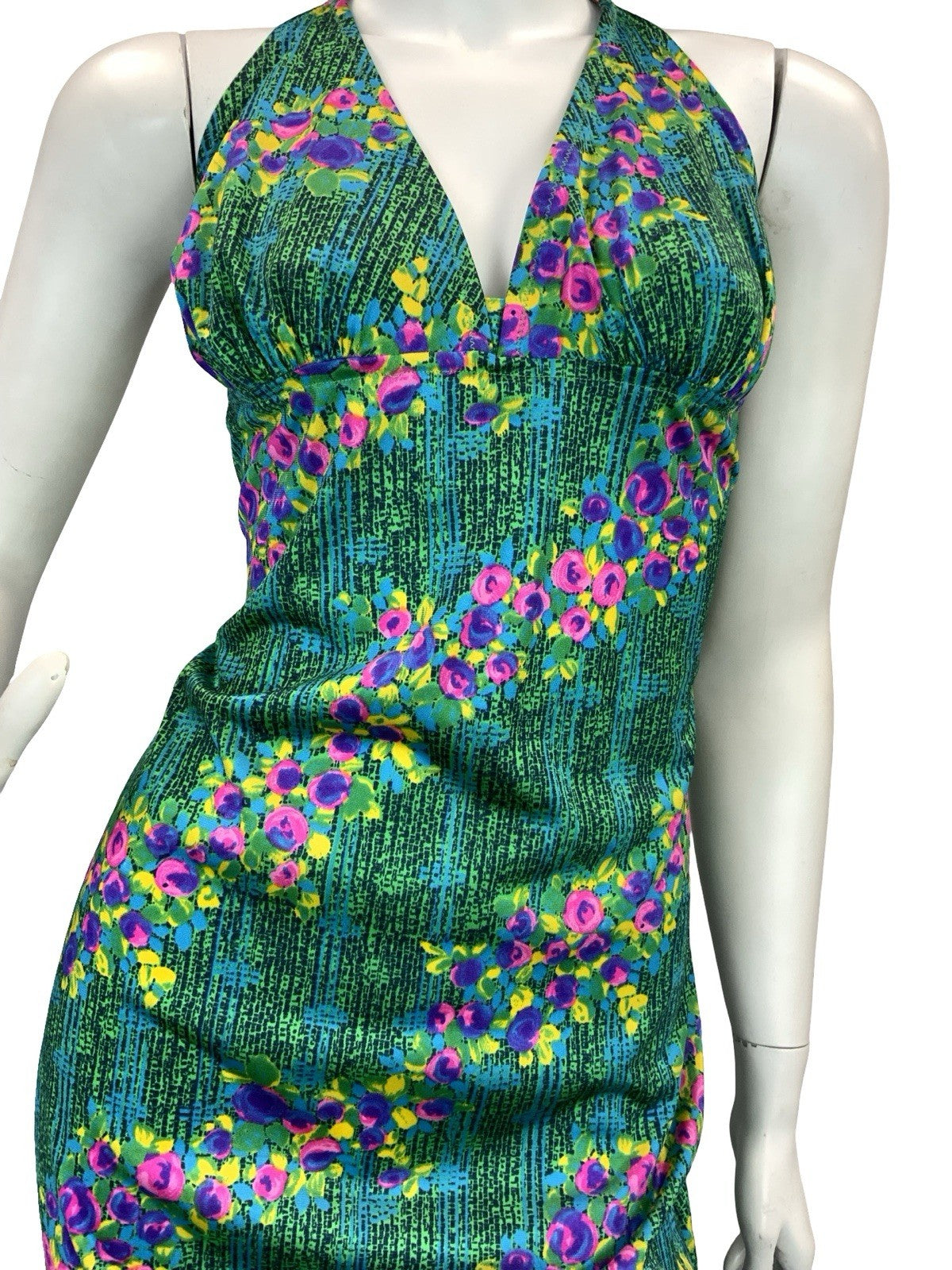 VTG 70S DISCO SUN HALTER FLORAL MAXI DRESS 10 12 14 GREEN BLUE PINK PURPLE