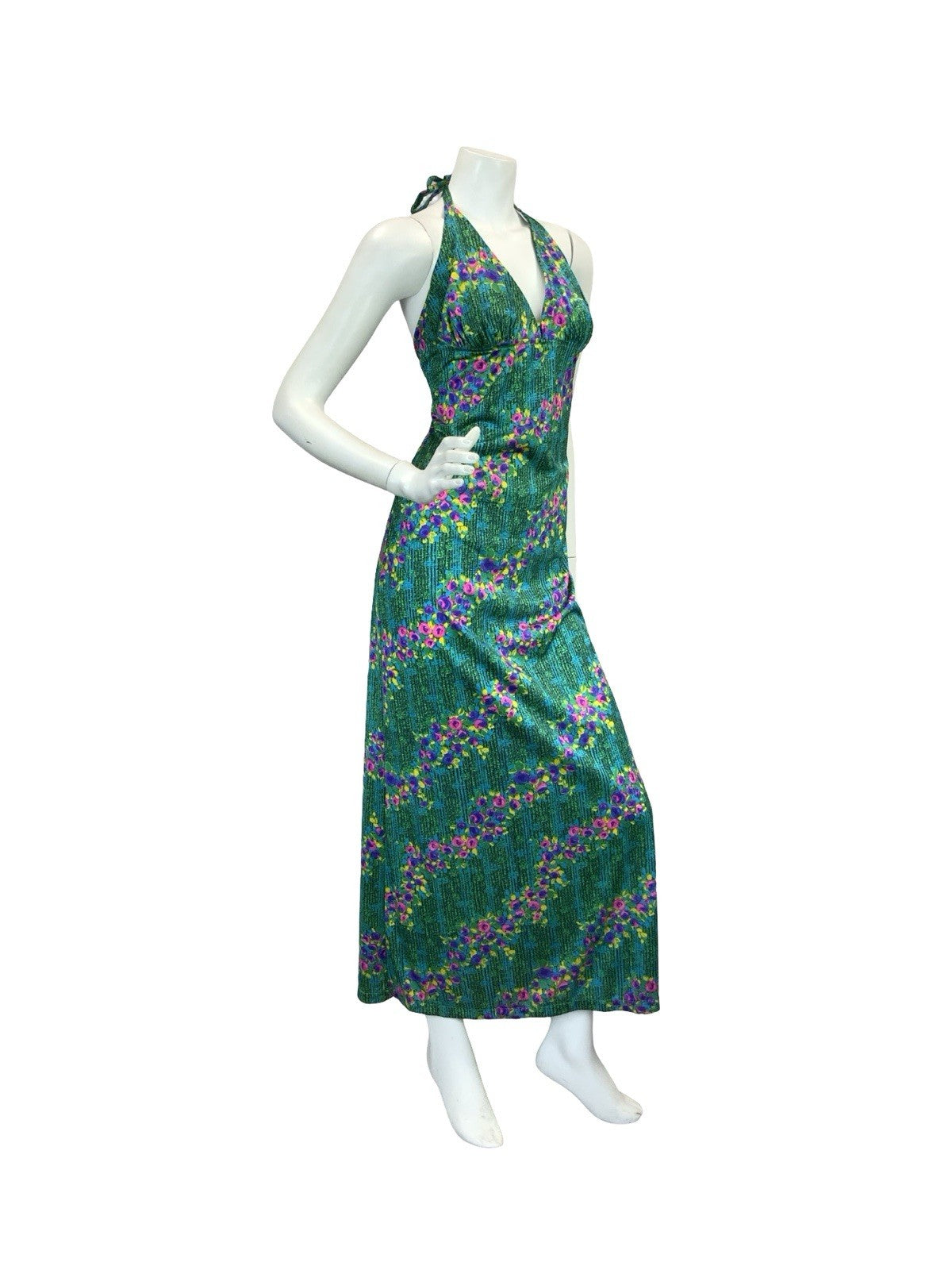 VTG 70S DISCO SUN HALTER FLORAL MAXI DRESS 10 12 14 GREEN BLUE PINK PURPLE