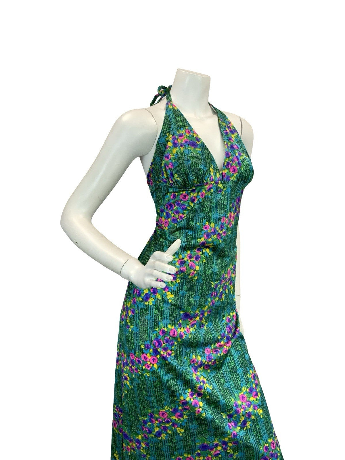 VTG 70S DISCO SUN HALTER FLORAL MAXI DRESS 10 12 14 GREEN BLUE PINK PURPLE
