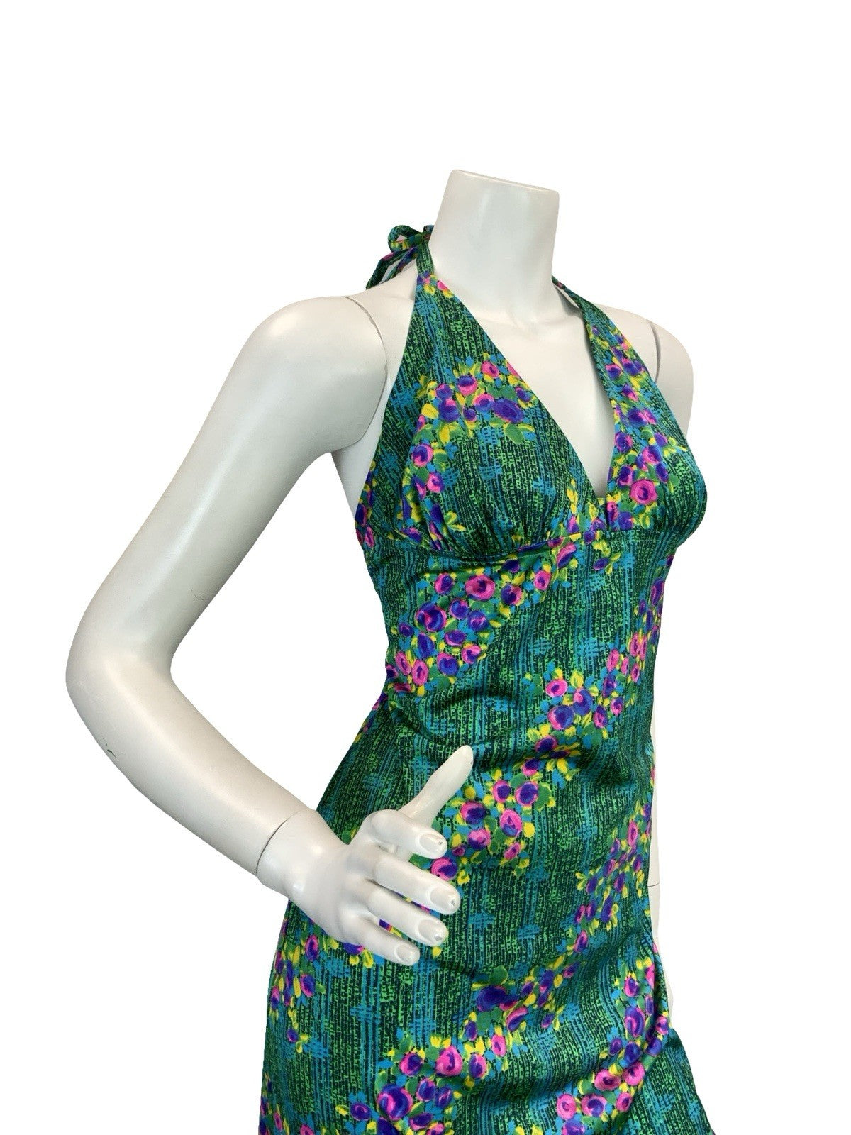 VTG 70S DISCO SUN HALTER FLORAL MAXI DRESS 10 12 14 GREEN BLUE PINK PURPLE