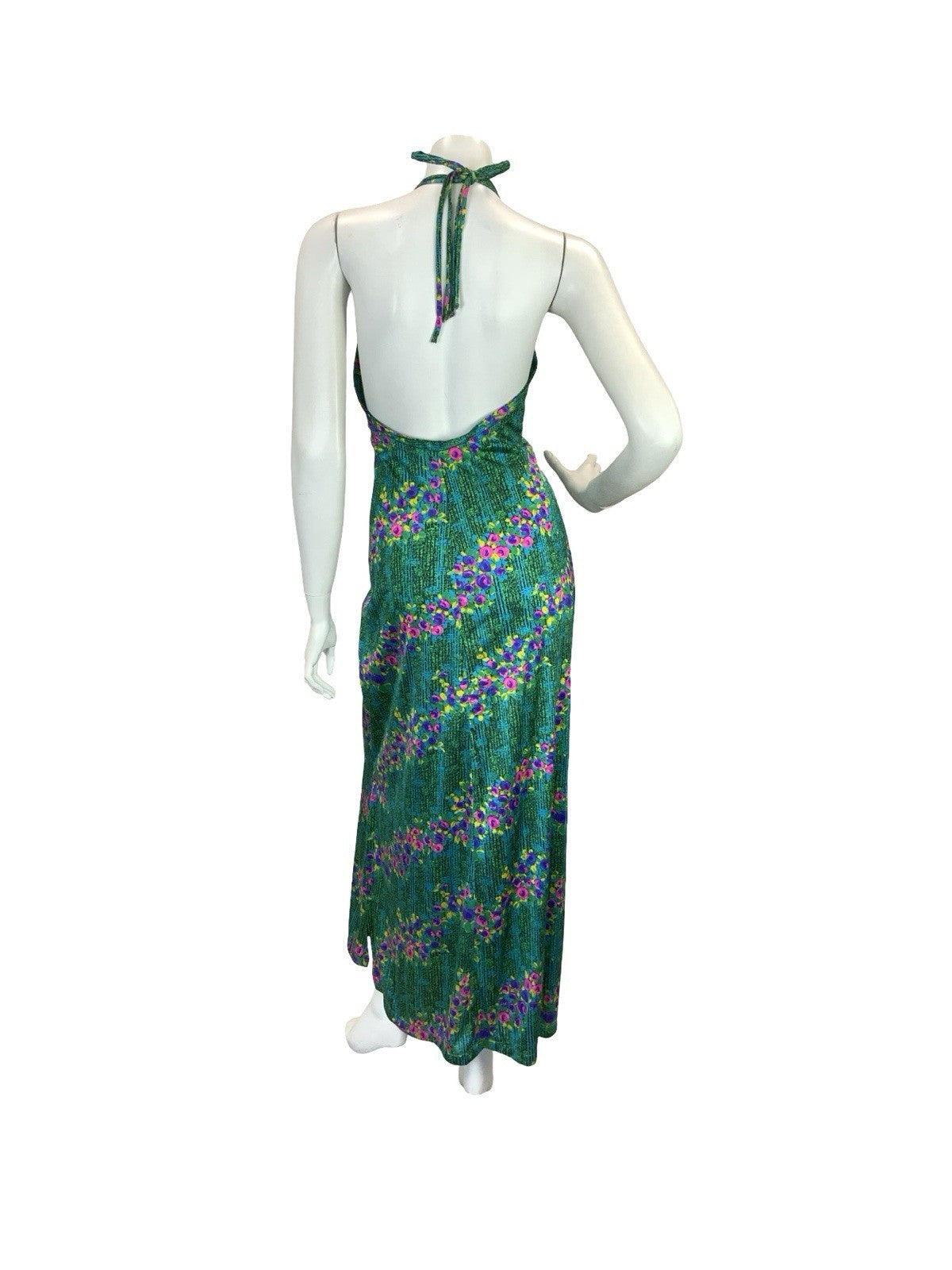 VTG 70S DISCO SUN HALTER FLORAL MAXI DRESS 10 12 14 GREEN BLUE PINK PURPLE