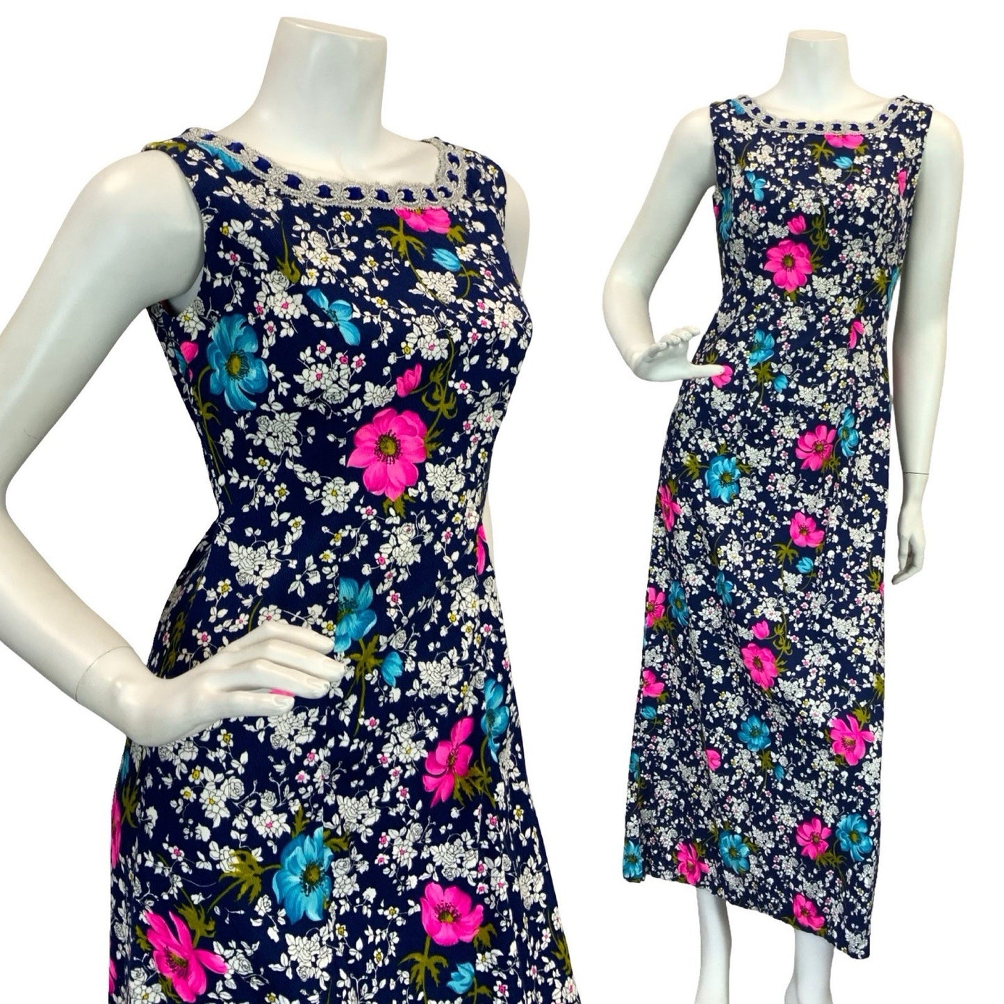VTG 70S FLORAL MAXI SHIFT DRESS SILVER BLUE WHITE PINK BLUE 8