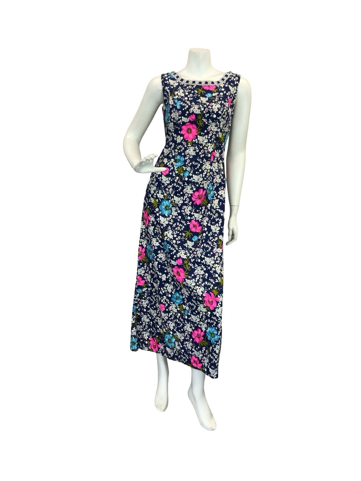 VTG 70S FLORAL MAXI SHIFT DRESS SILVER BLUE WHITE PINK BLUE 8
