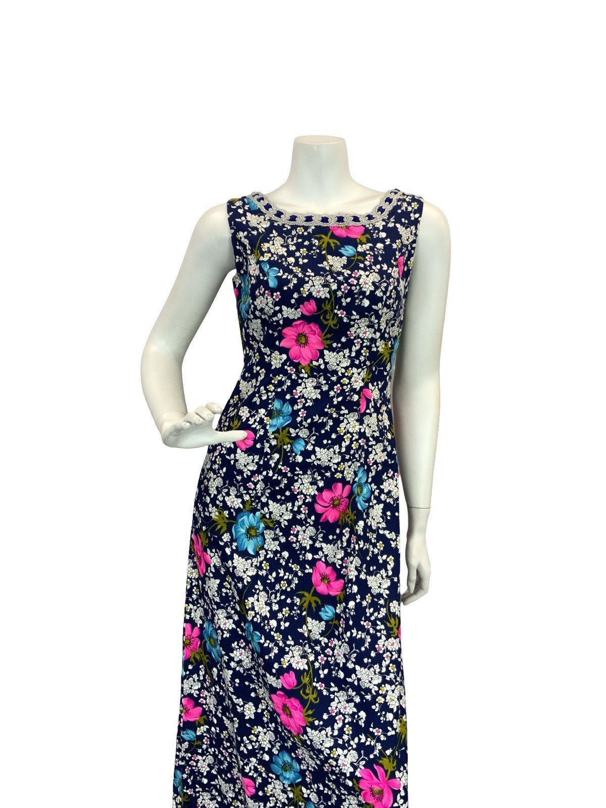 VTG 70S FLORAL MAXI SHIFT DRESS SILVER BLUE WHITE PINK BLUE 8