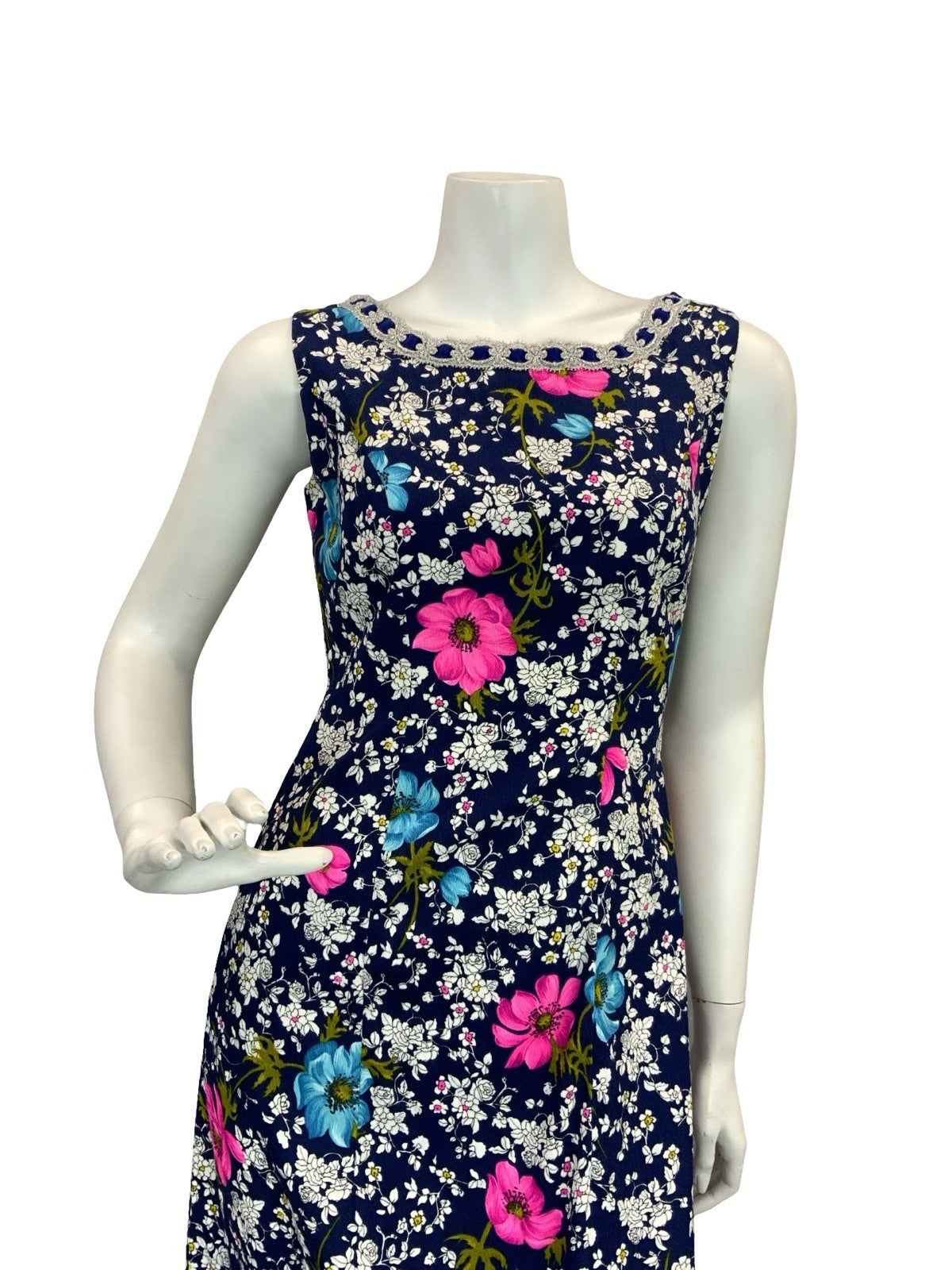VTG 70S FLORAL MAXI SHIFT DRESS SILVER BLUE WHITE PINK BLUE 8