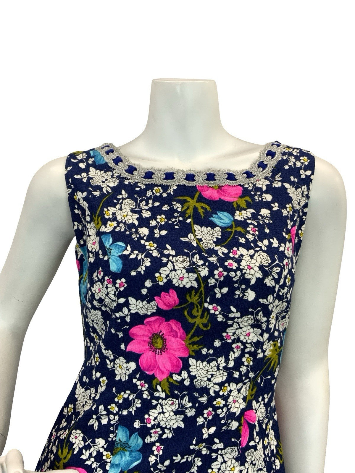 VTG 70S FLORAL MAXI SHIFT DRESS SILVER BLUE WHITE PINK BLUE 8
