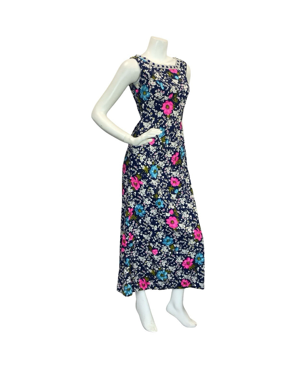 VTG 70S FLORAL MAXI SHIFT DRESS SILVER BLUE WHITE PINK BLUE 8