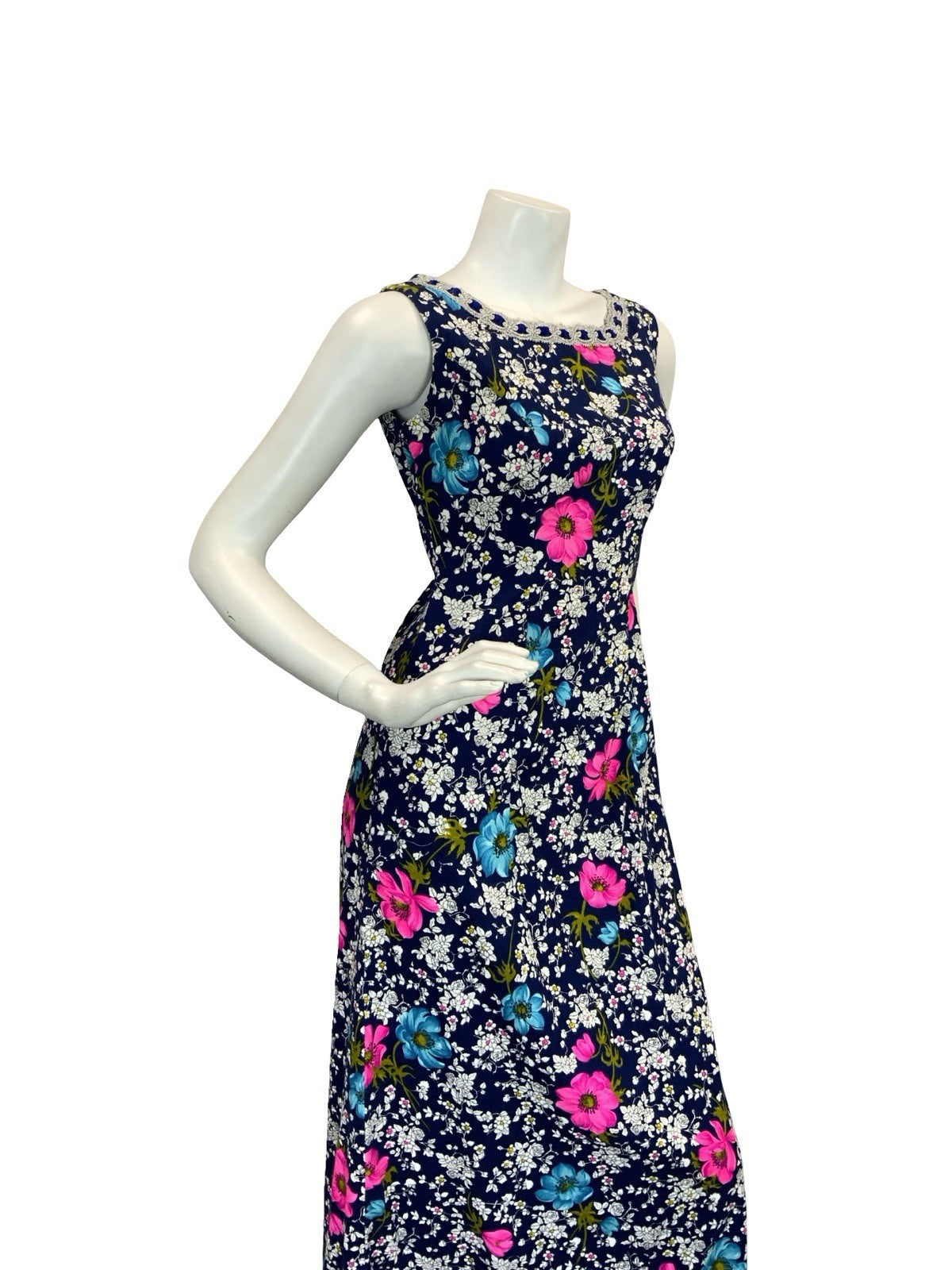 VTG 70S FLORAL MAXI SHIFT DRESS SILVER BLUE WHITE PINK BLUE 8