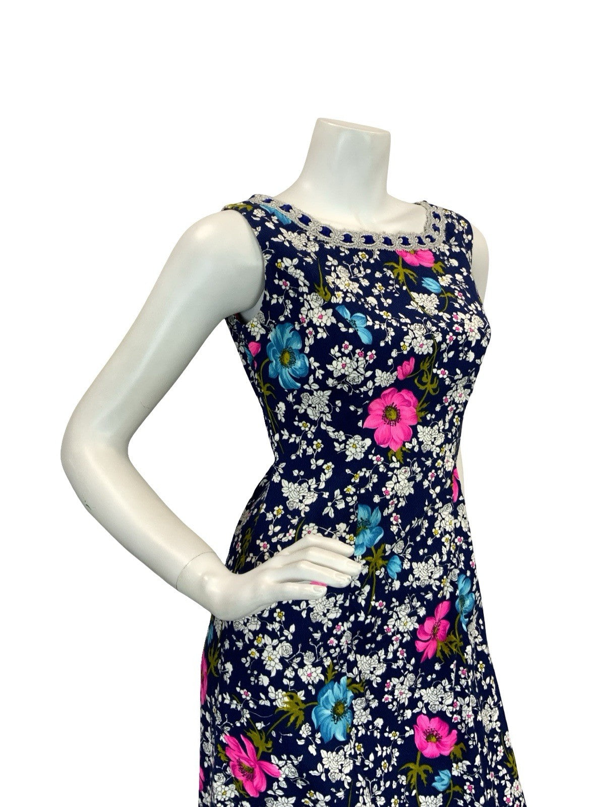 VTG 70S FLORAL MAXI SHIFT DRESS SILVER BLUE WHITE PINK BLUE 8