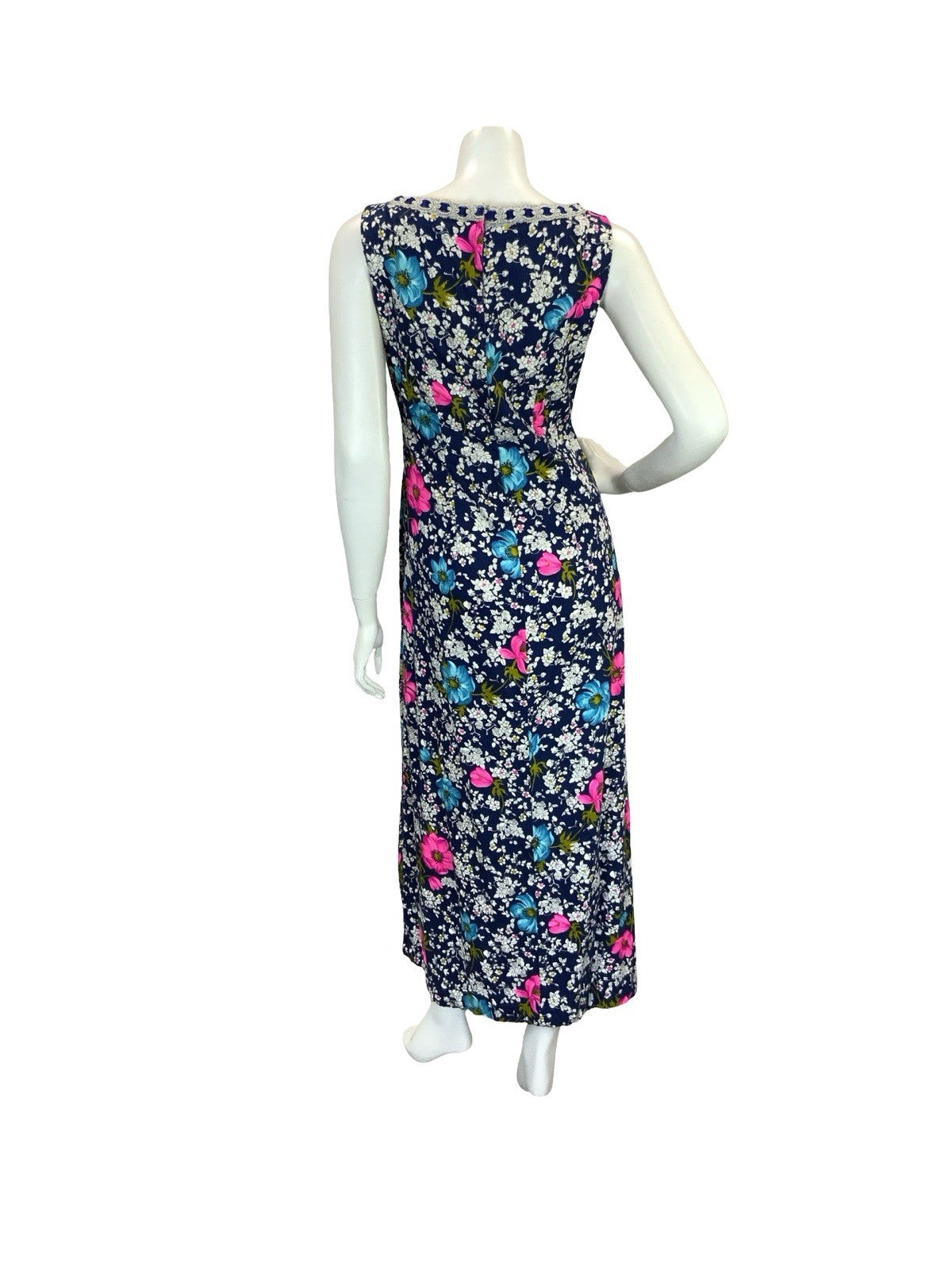 VTG 70S FLORAL MAXI SHIFT DRESS SILVER BLUE WHITE PINK BLUE 8