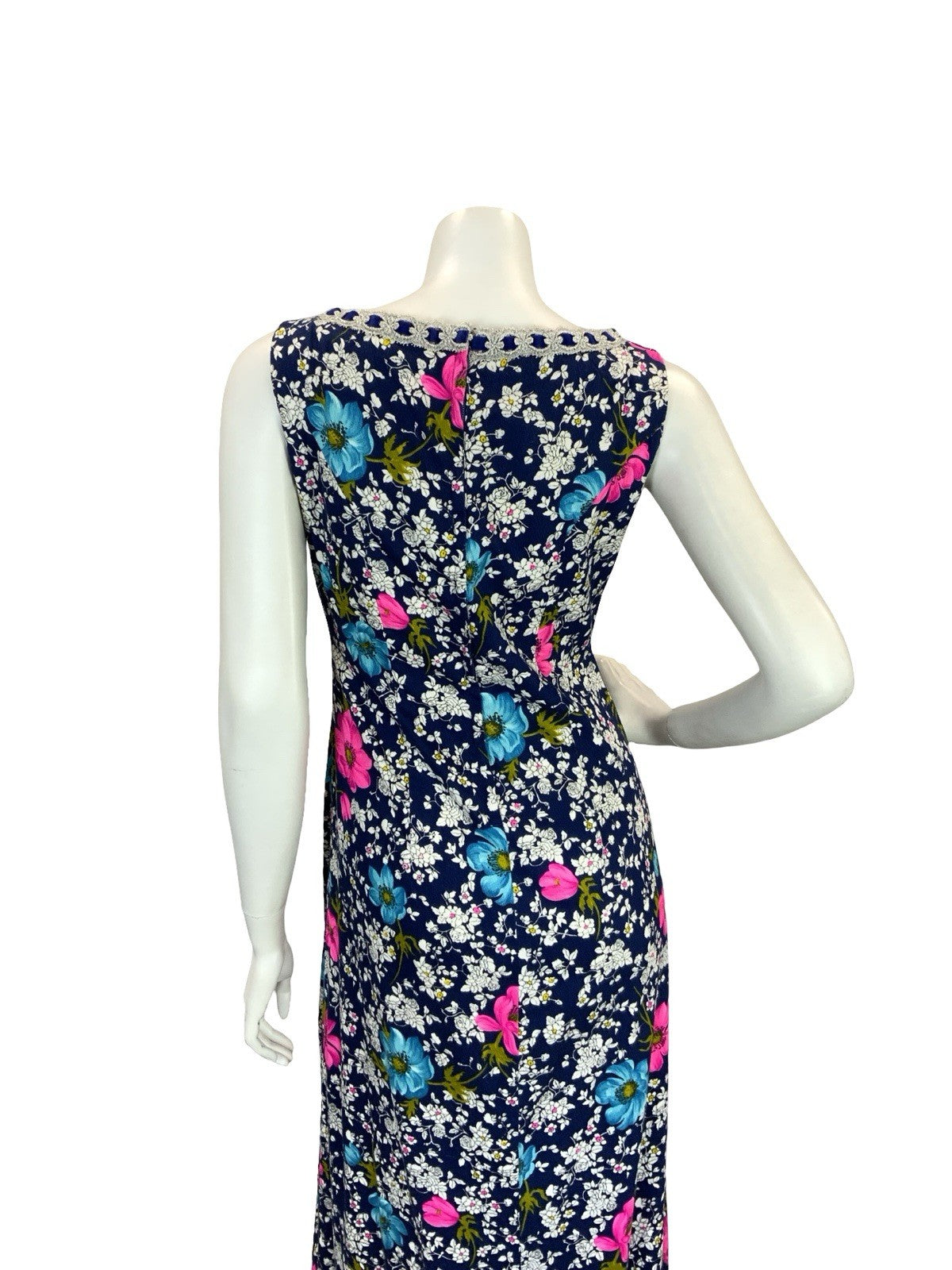 VTG 70S FLORAL MAXI SHIFT DRESS SILVER BLUE WHITE PINK BLUE 8