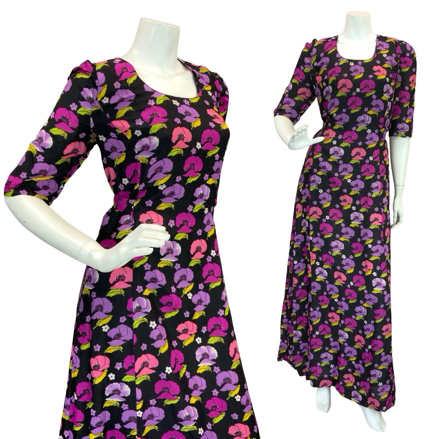 VTG 70S ROMANTIC FLORAL POPPIES MAXI DRESS BLACK PINK PURPLE GREEN 12 14