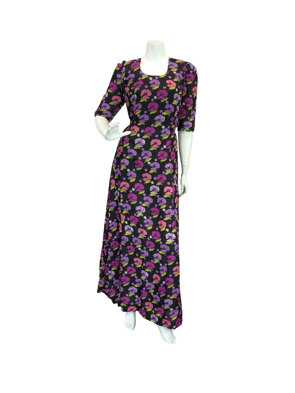 VTG 70S ROMANTIC FLORAL POPPIES MAXI DRESS BLACK PINK PURPLE GREEN 12 14