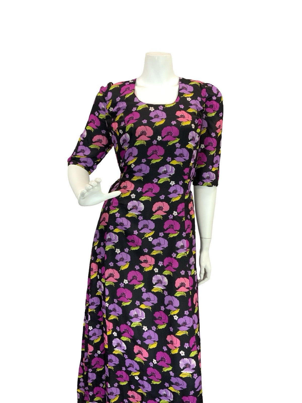 VTG 70S ROMANTIC FLORAL POPPIES MAXI DRESS BLACK PINK PURPLE GREEN 12 14