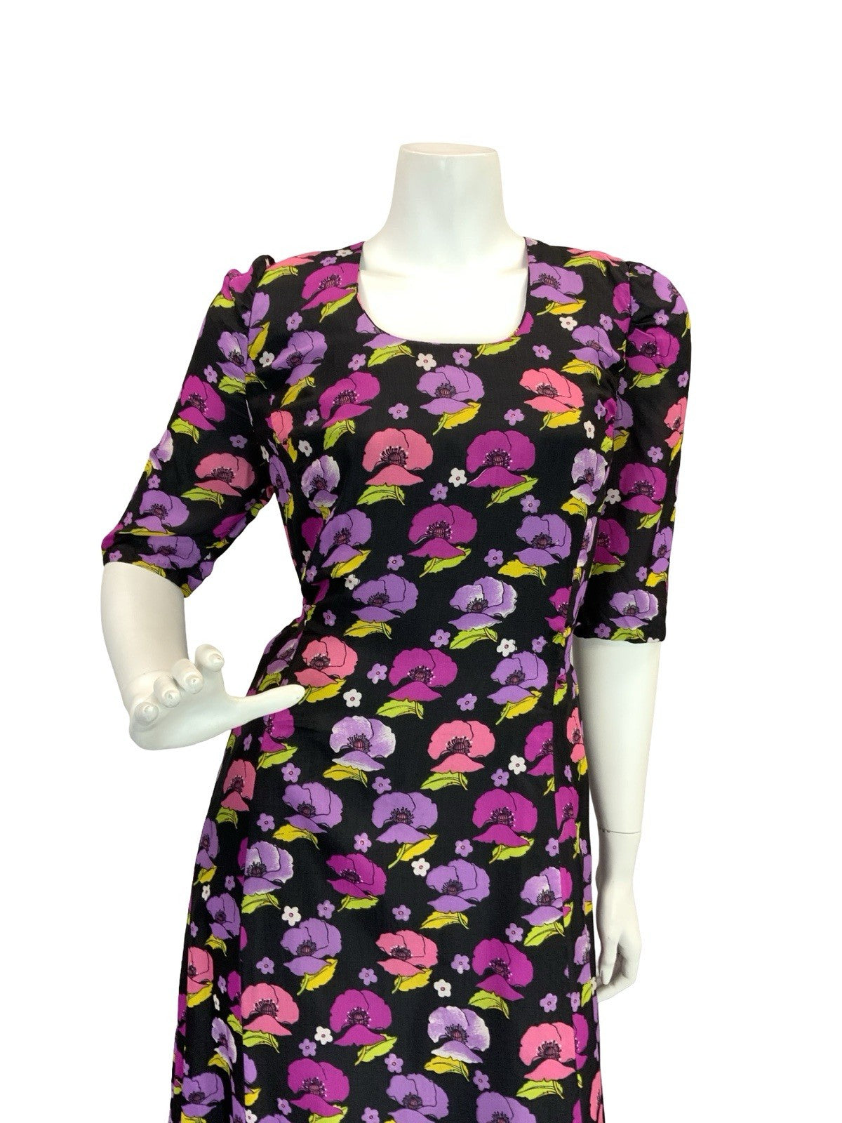 VTG 70S ROMANTIC FLORAL POPPIES MAXI DRESS BLACK PINK PURPLE GREEN 12 14