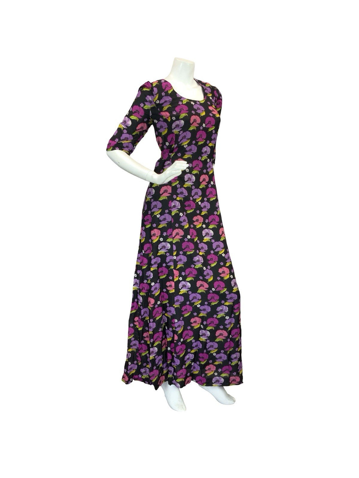 VTG 70S ROMANTIC FLORAL POPPIES MAXI DRESS BLACK PINK PURPLE GREEN 12 14