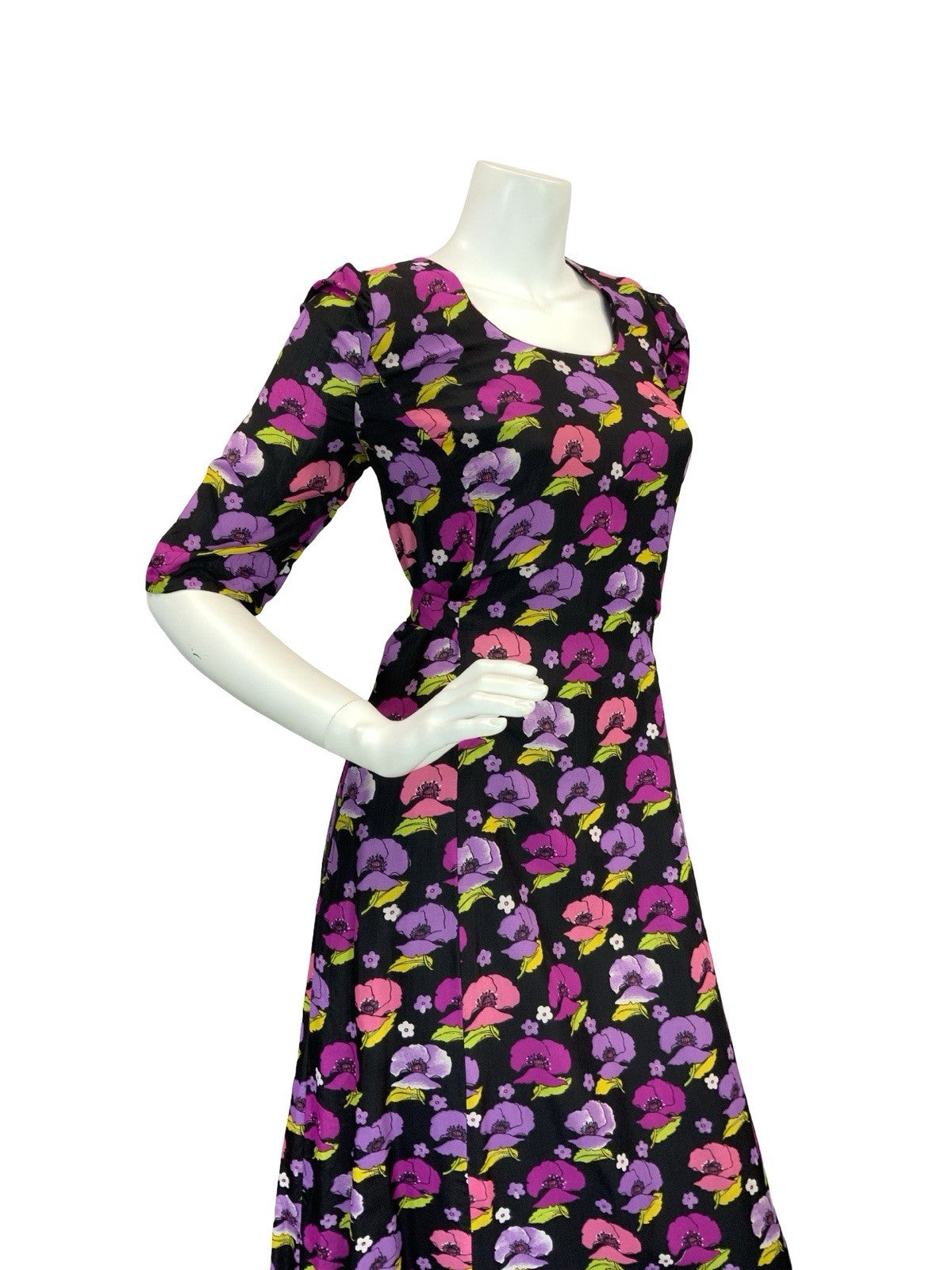 VTG 70S ROMANTIC FLORAL POPPIES MAXI DRESS BLACK PINK PURPLE GREEN 12 14