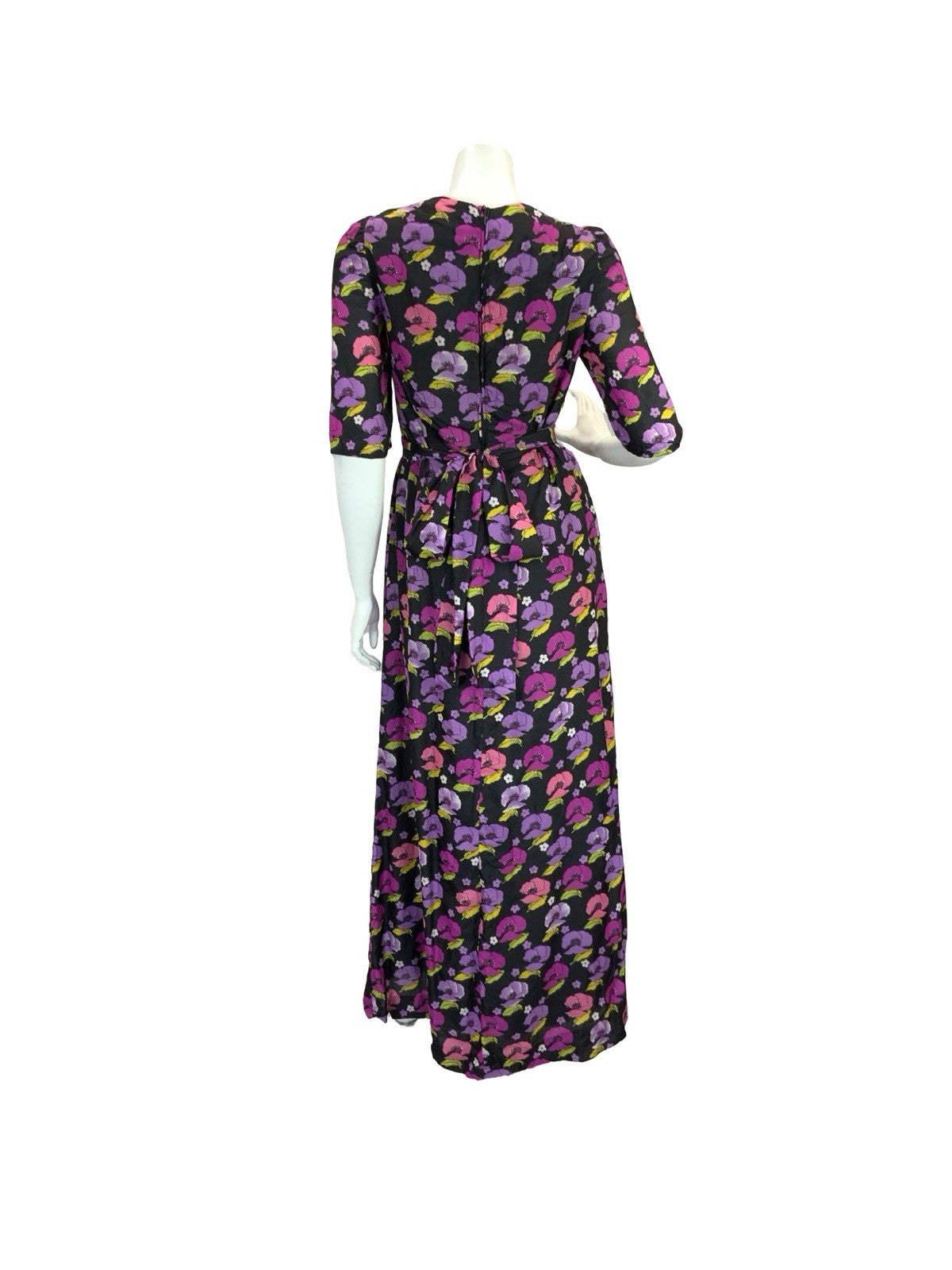 VTG 70S ROMANTIC FLORAL POPPIES MAXI DRESS BLACK PINK PURPLE GREEN 12 14
