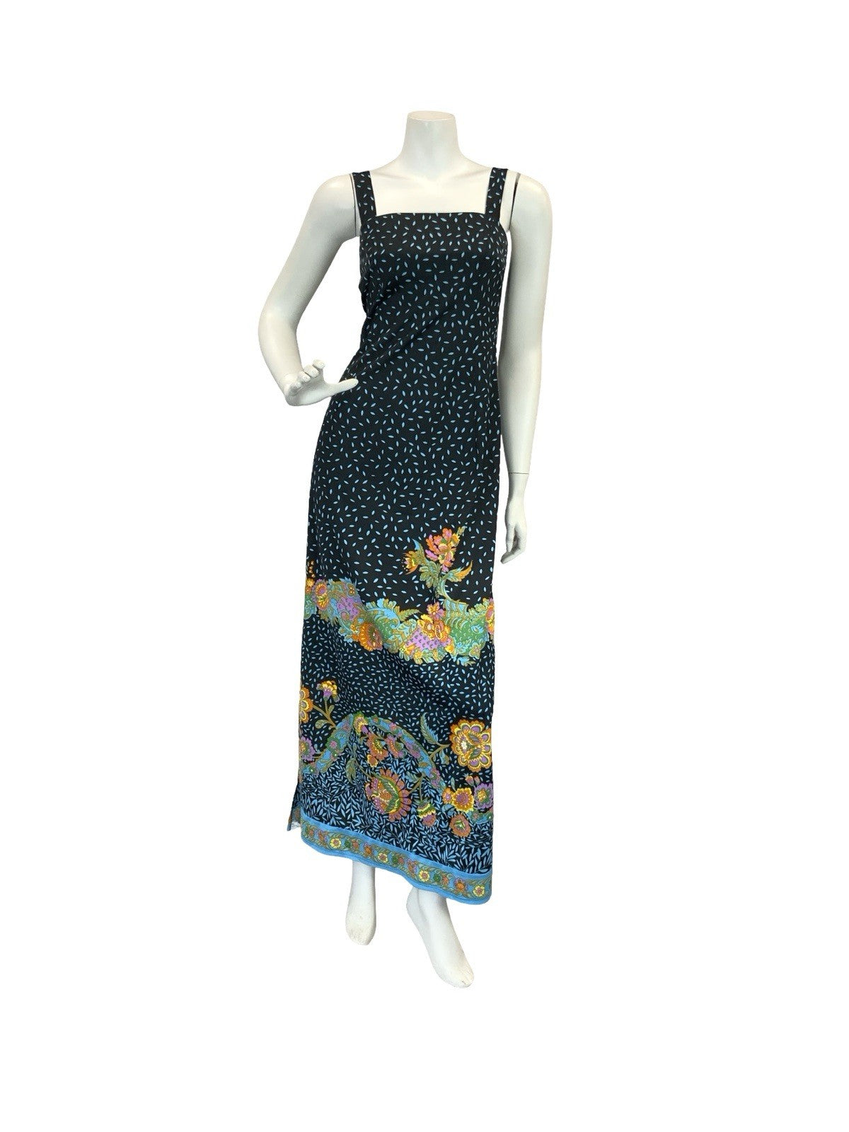 VTG 70S PAISLEY MAXI SUN DRESS BLACK BLUE PINK ORANGE YELLOW 6 8