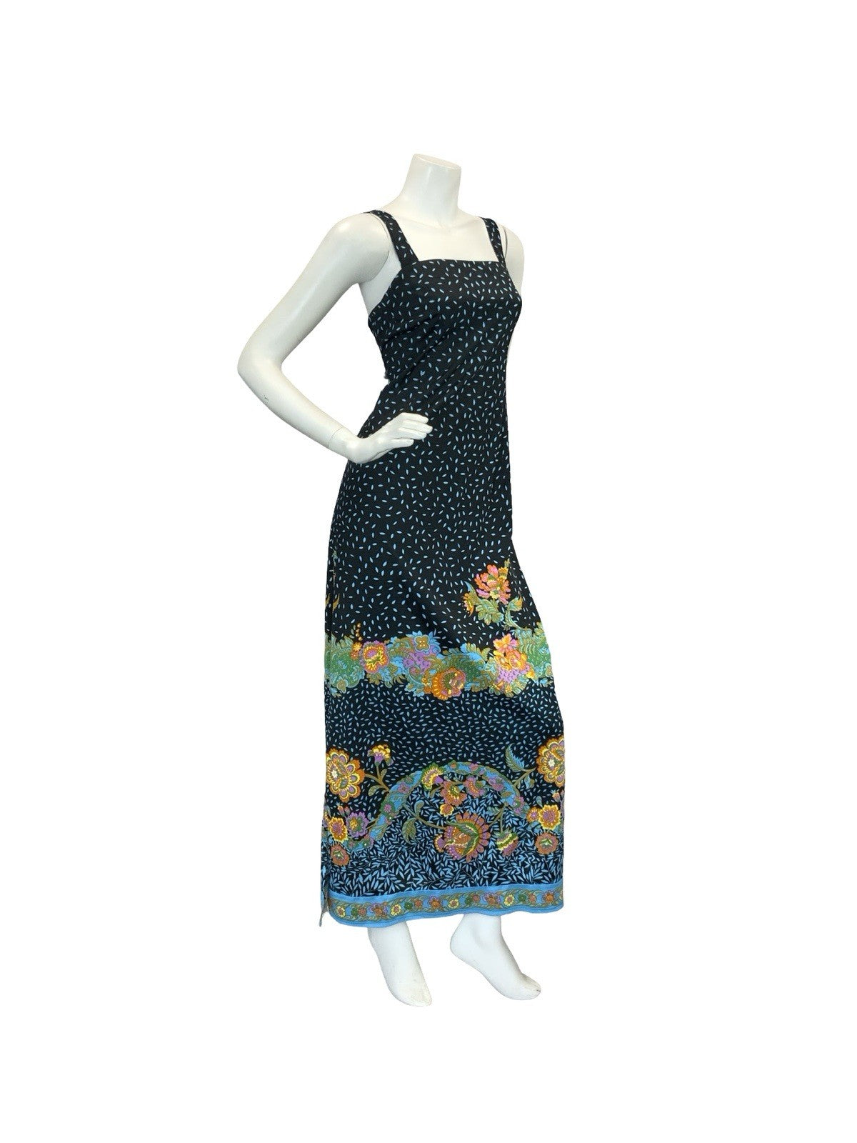VTG 70S PAISLEY MAXI SUN DRESS BLACK BLUE PINK ORANGE YELLOW 6 8