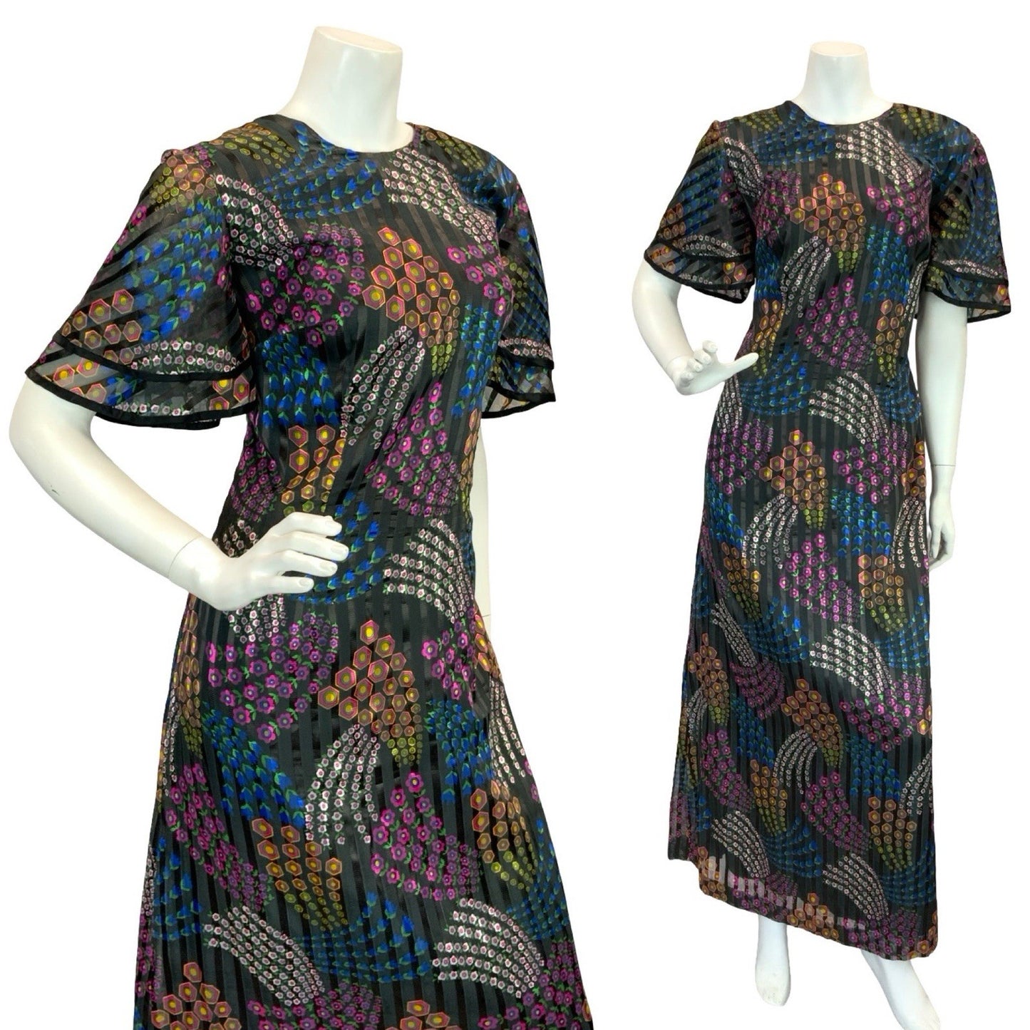 VTG 70S GEOMETRIC PSYCHEDELIC MAXI DRESS PINK YELLOW GREEN BLUE BLACK 12 14 16