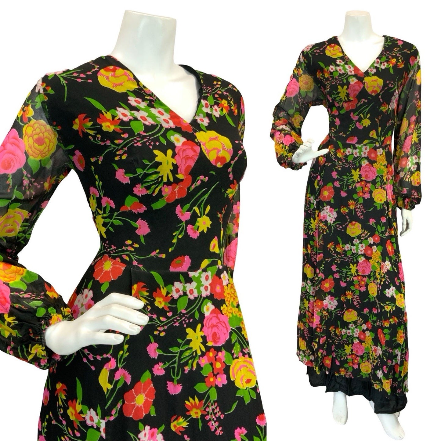 VTG 70S ROMANTIC FLORAL MAXI DRESS BLACK YELLOW PINK GREEN RED 12 14