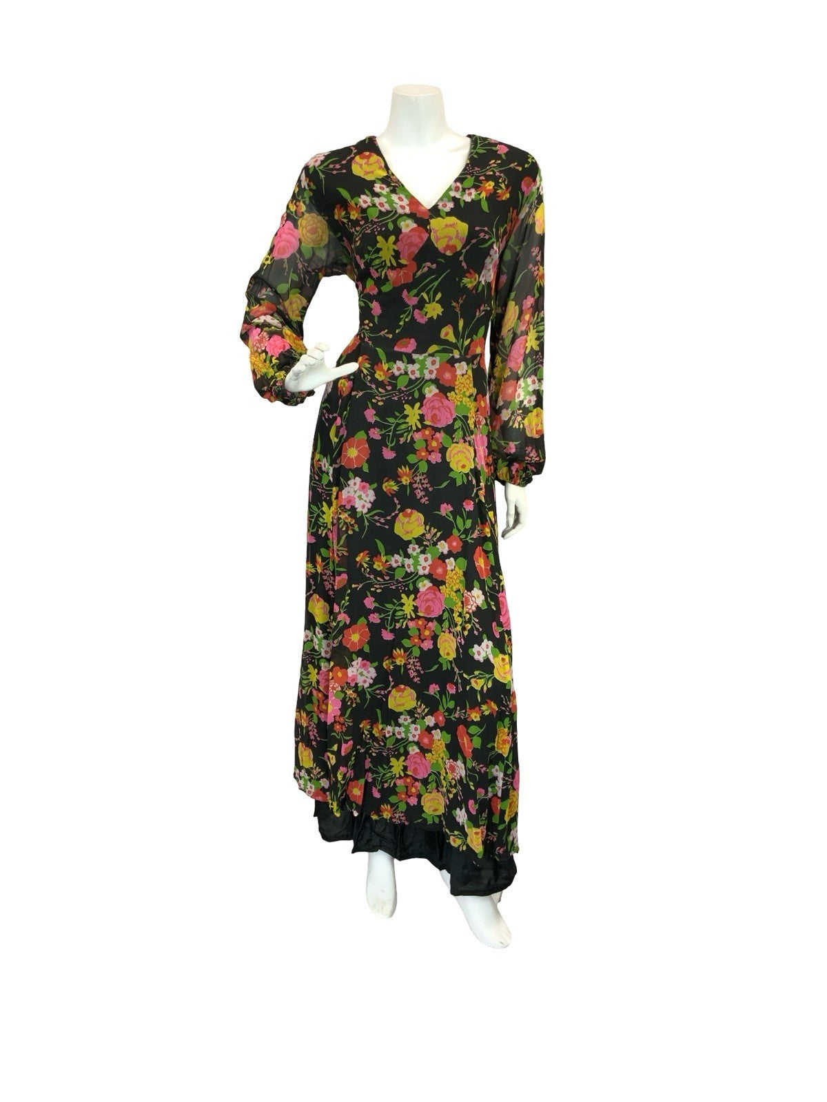 VTG 70S ROMANTIC FLORAL MAXI DRESS BLACK YELLOW PINK GREEN RED 12 14