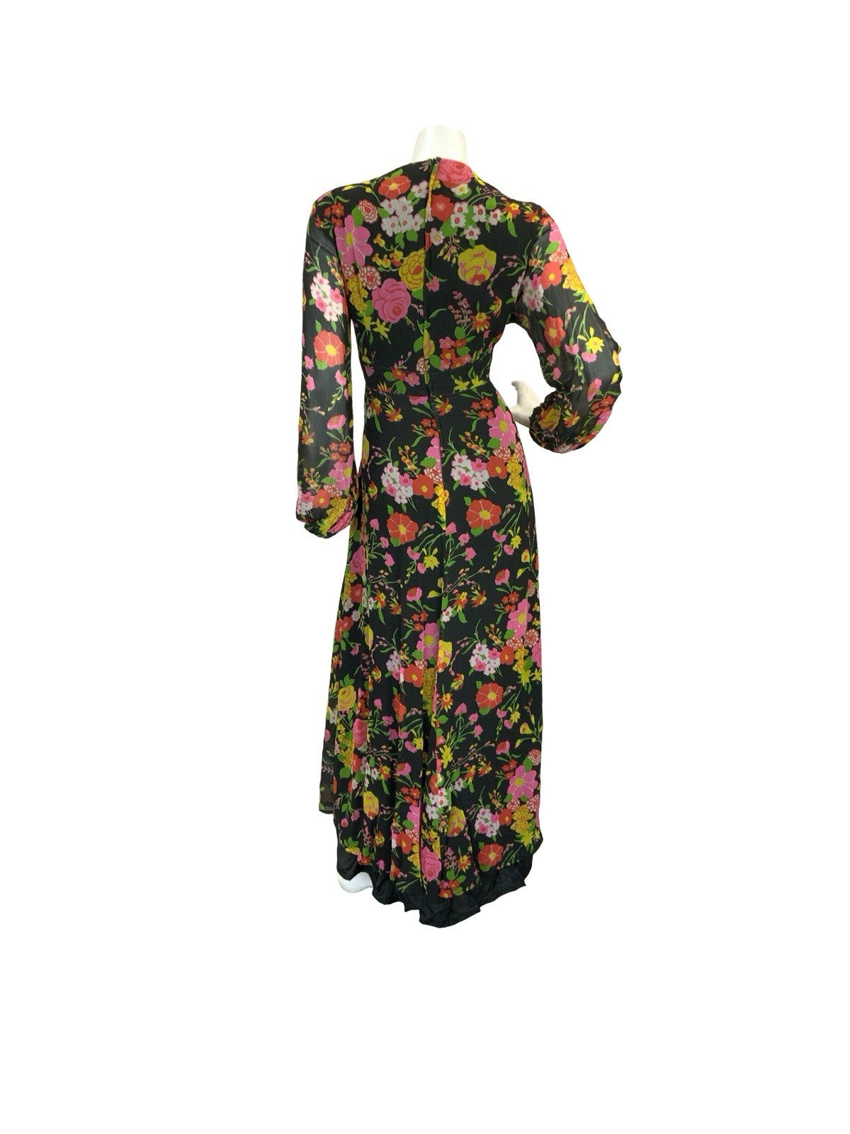 VTG 70S ROMANTIC FLORAL MAXI DRESS BLACK YELLOW PINK GREEN RED 12 14